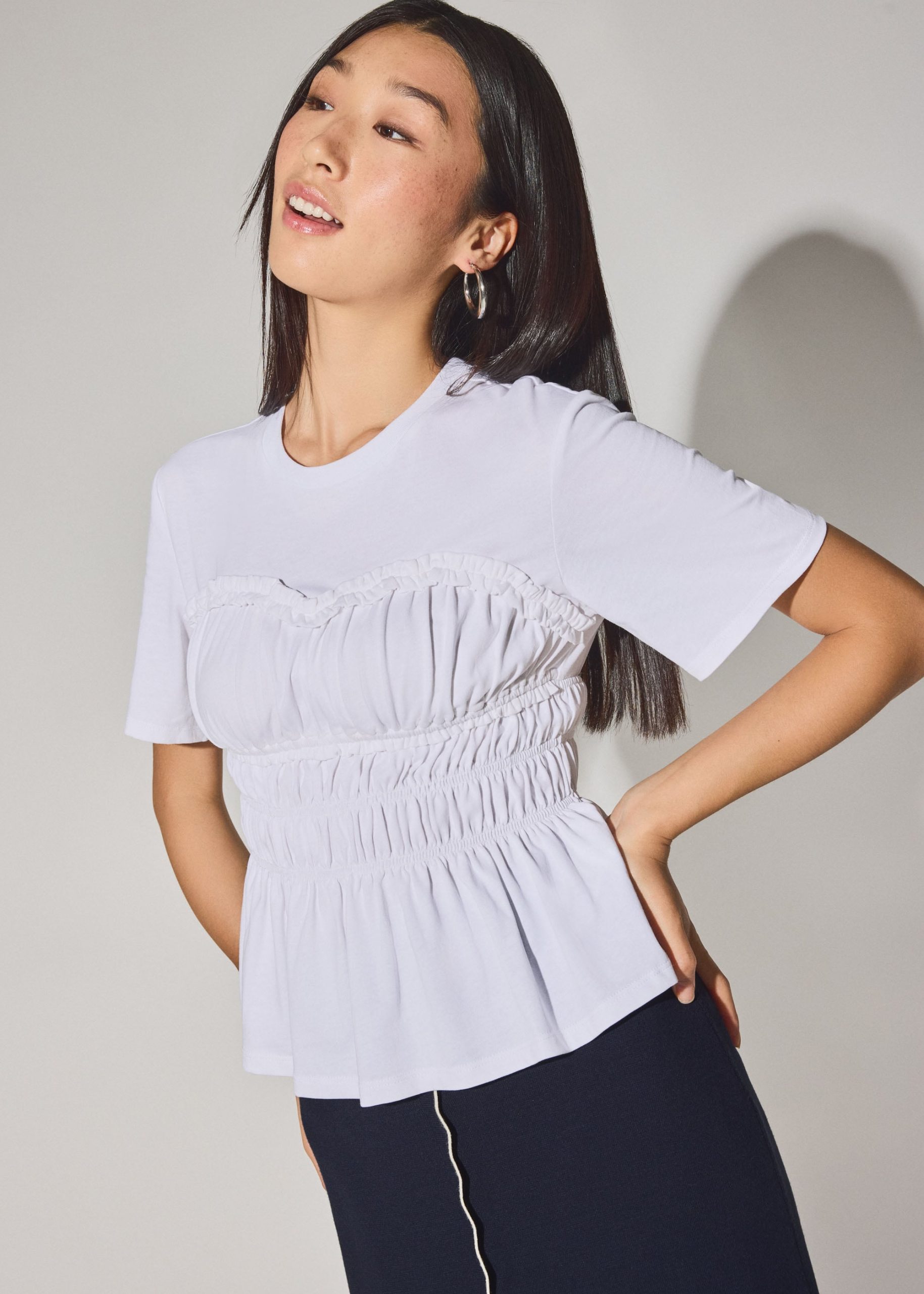 Jersey Ruched Bodice Round Neck Peplum Top - Image 5