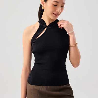 Knit Mandarin Collar Fitted Top