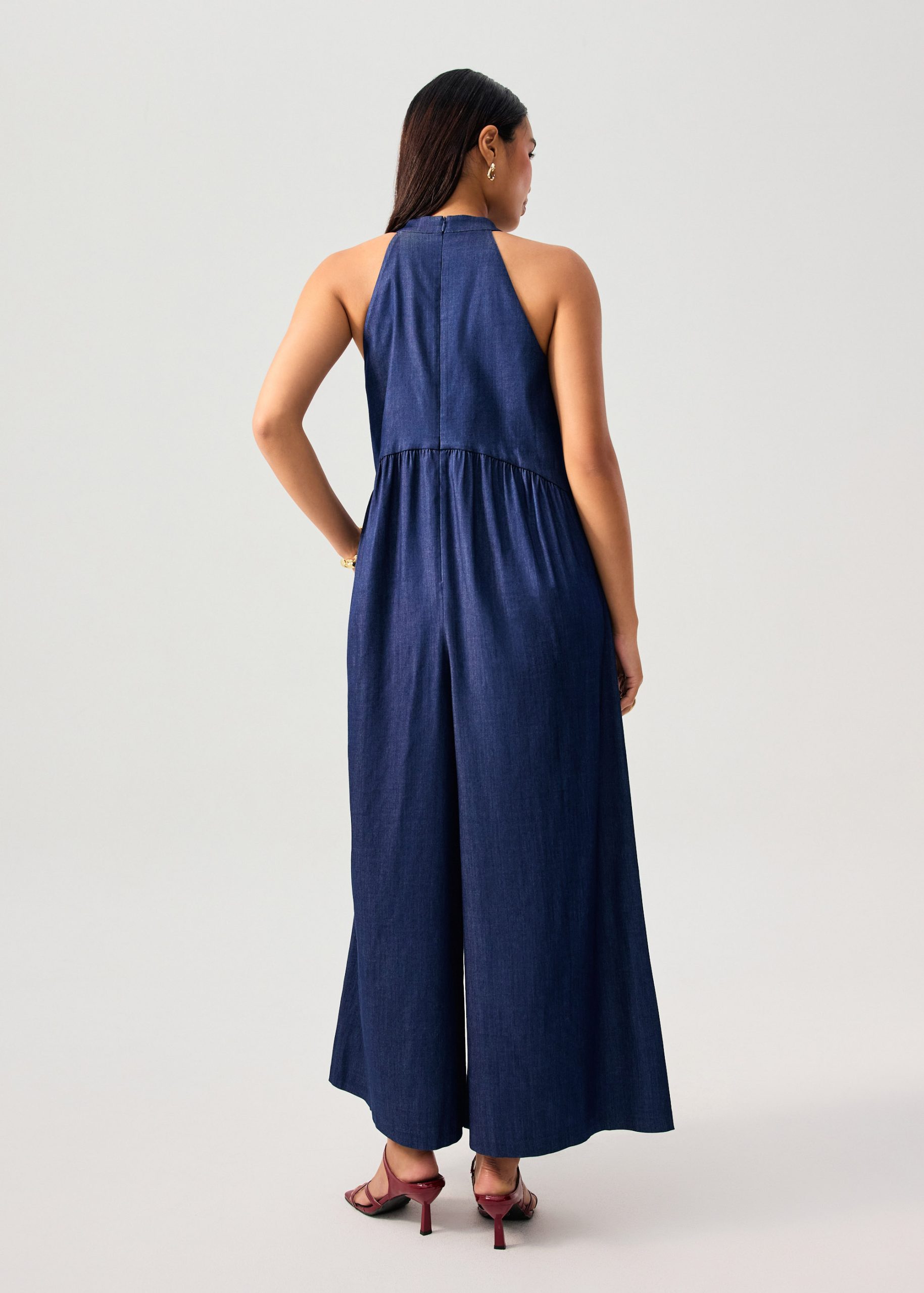 Chambray Mandarin Collar Wide Leg Jumpsuit in Dark Denim - Image 4
