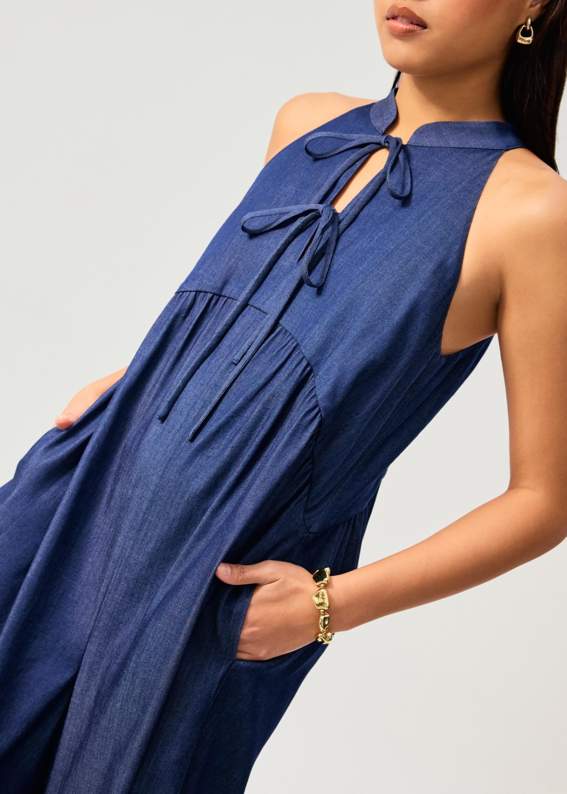 Chambray Mandarin Collar Wide Leg Jumpsuit in Dark Denim - Image 2