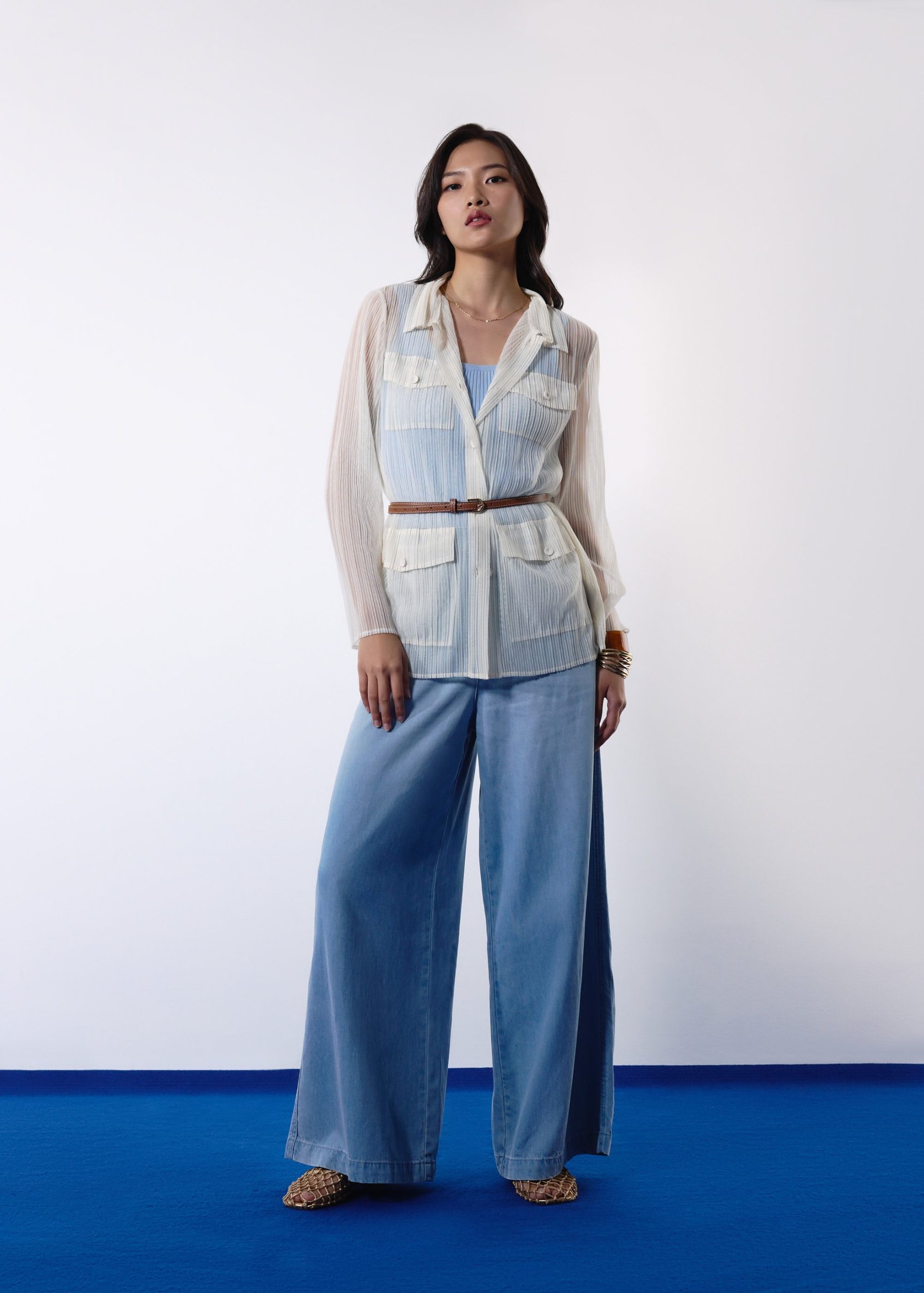 Sheer Plisse Collared Button Down Shirt - Image 13