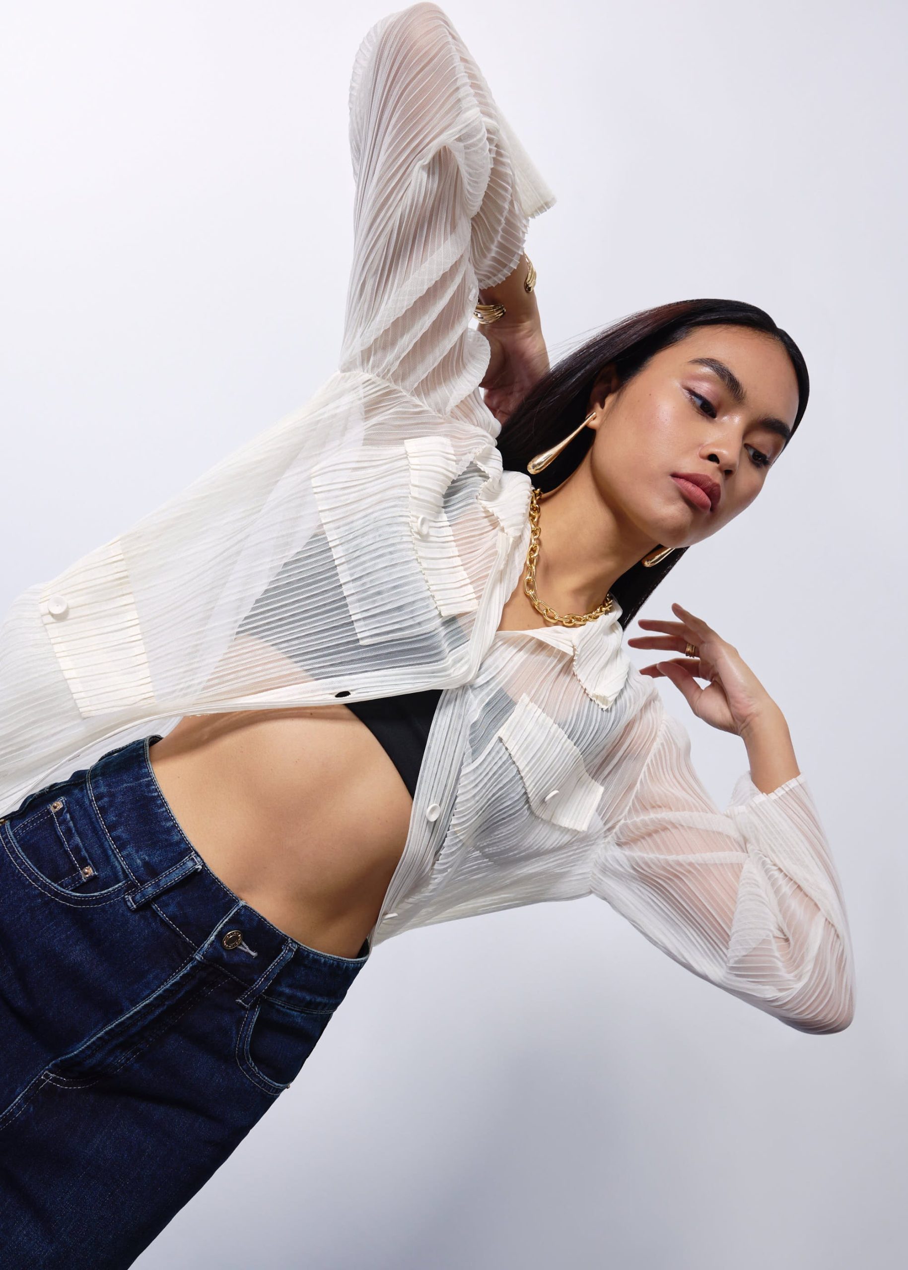 Sheer Plisse Collared Button Down Shirt