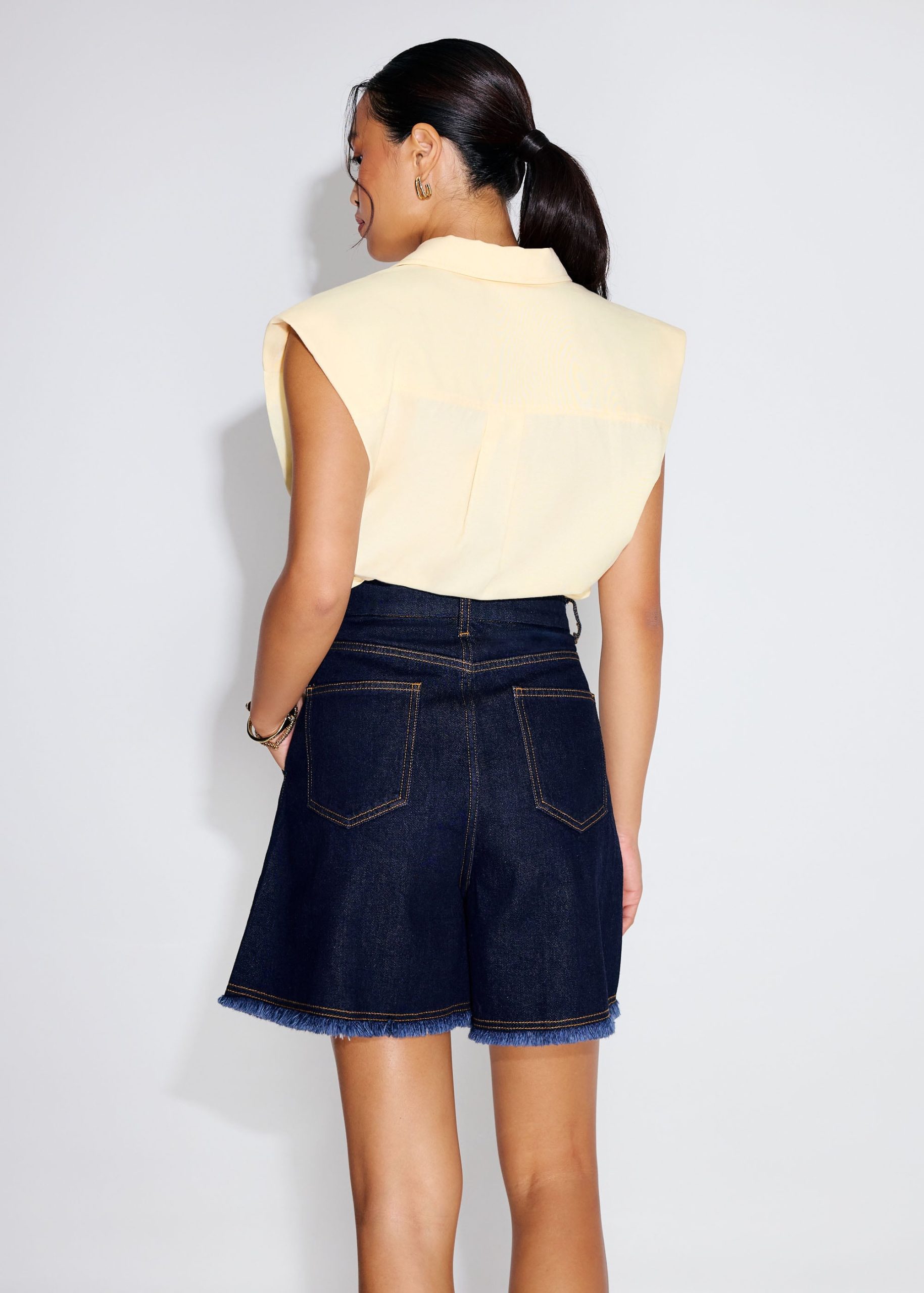 Denim Frayed Hem High Waist Bermuda Shorts - Image 5