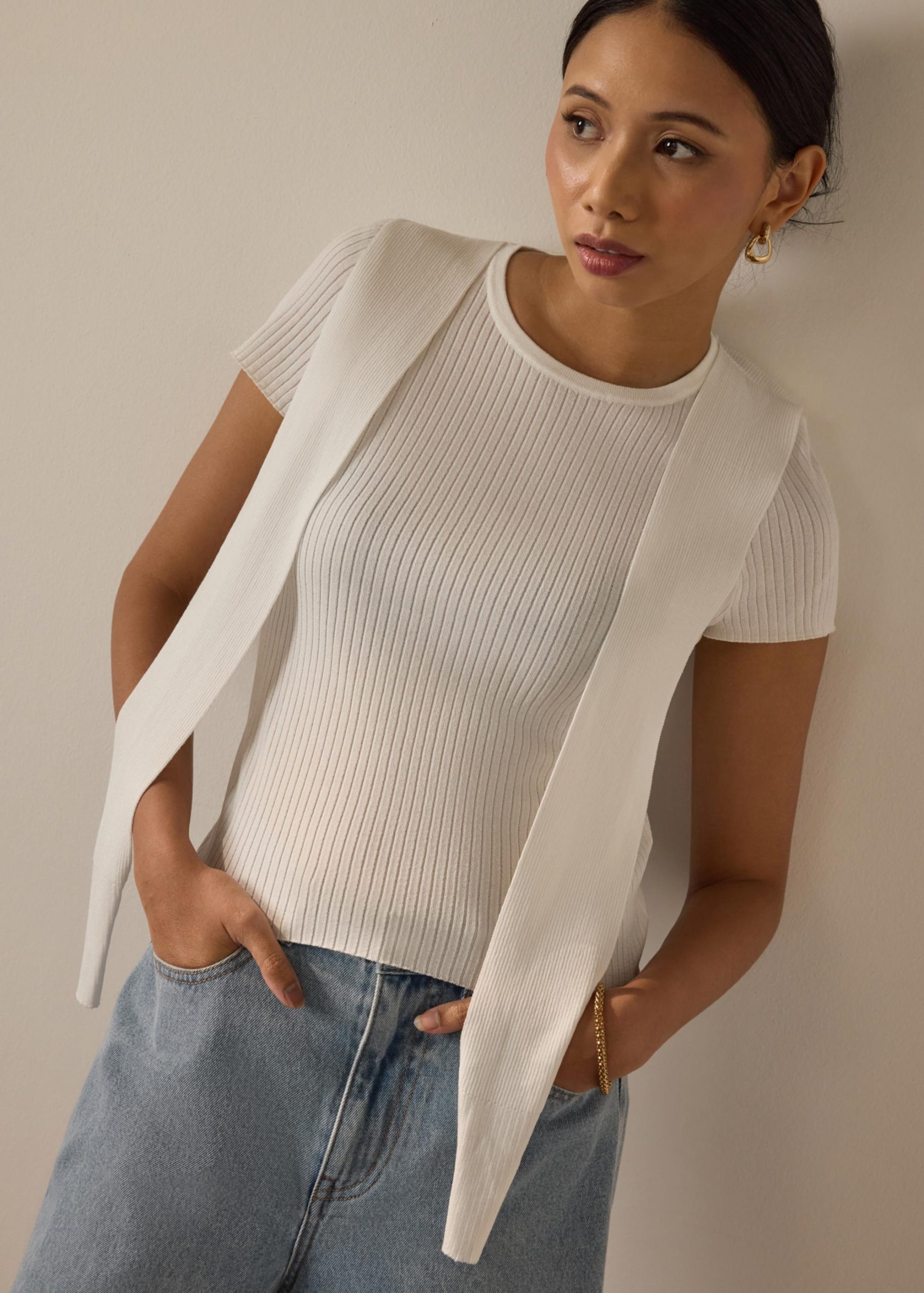 Knit Tie Collar Round Neck Top - Image 5