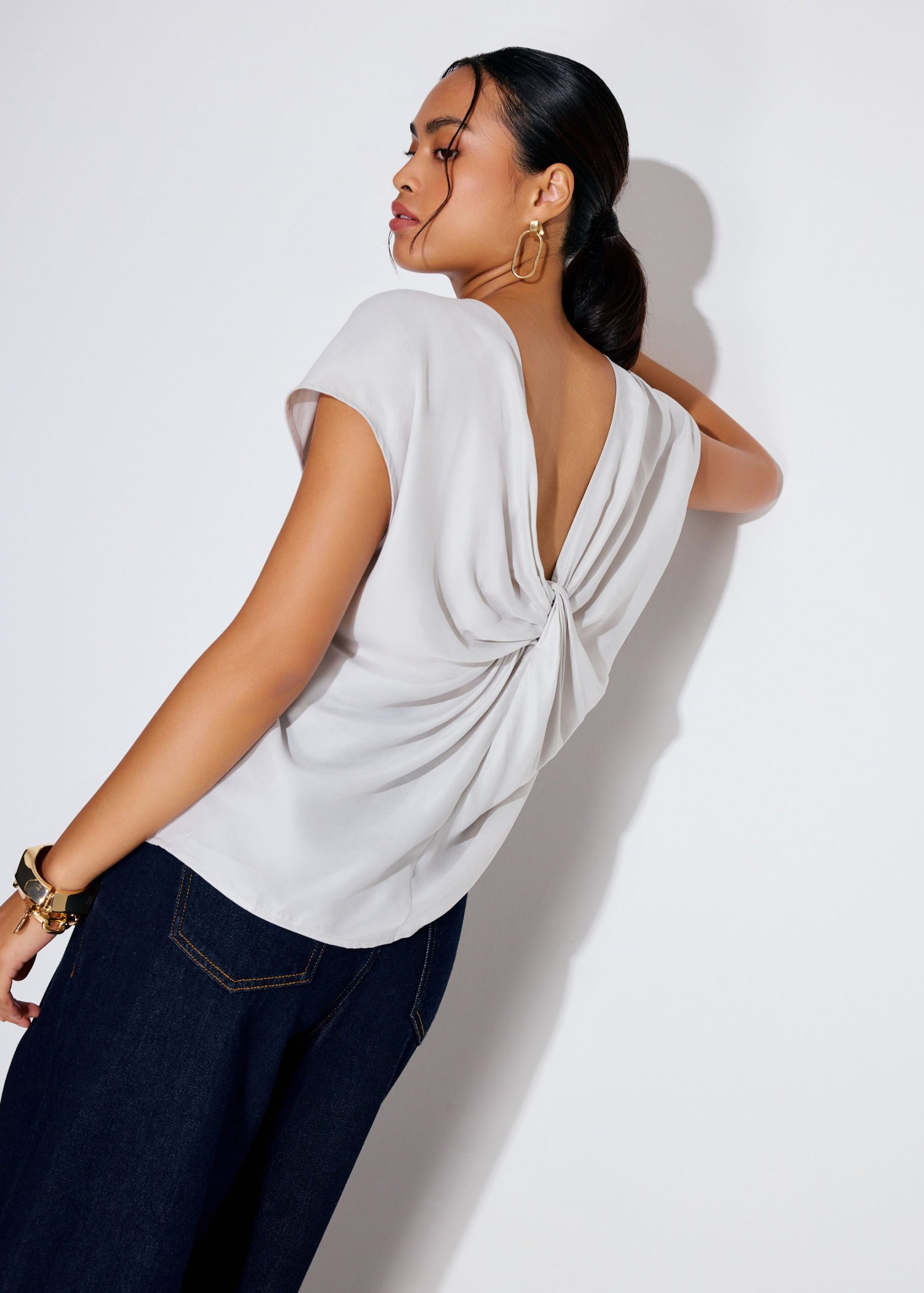 Relaxed Cupro Back Knot Boat Neck Shell Top - Image 8