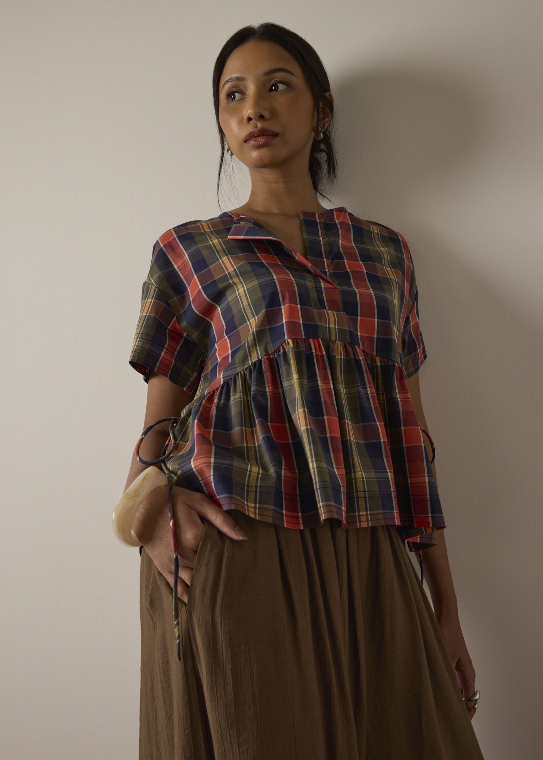 Checkered Cotton Peplum Top - Image 5