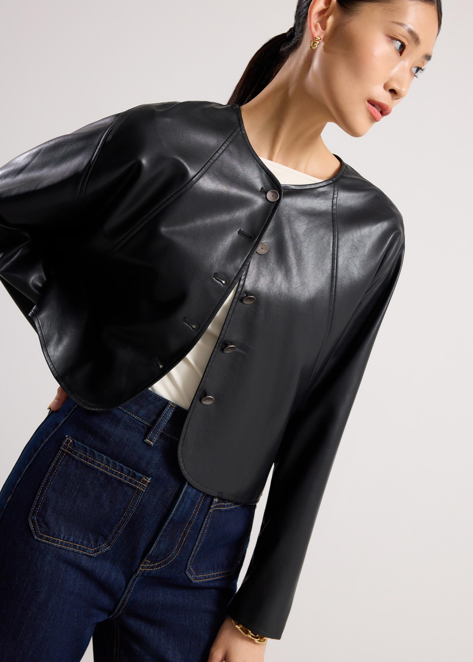 Relaxed Vegan Leather Collarless Button Down Jacket - Image 5