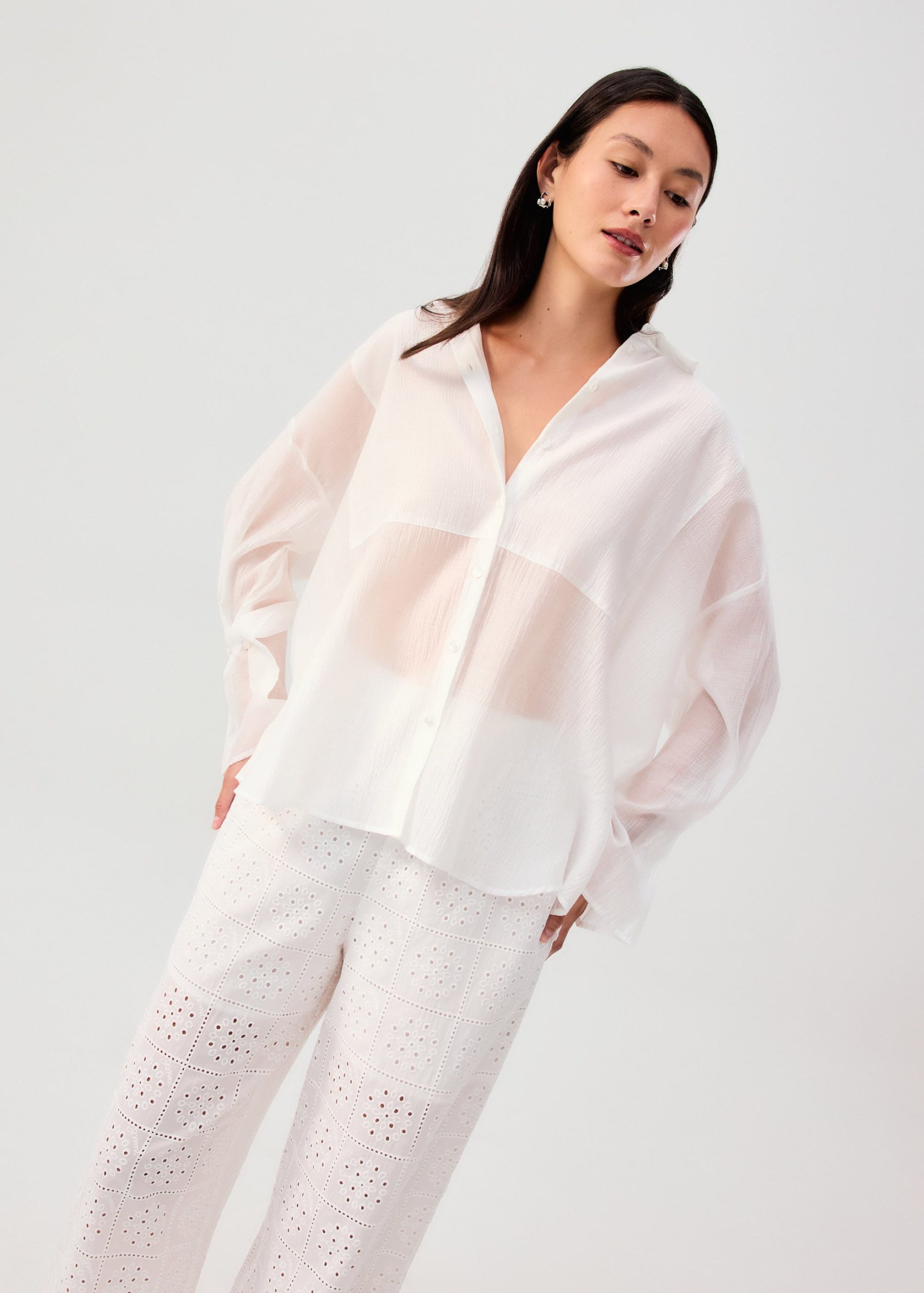 Oversized Sheer Lyocell Collared Poet Sleeve Blouse - Image 9