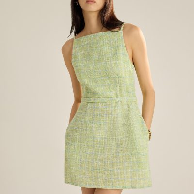 Tweed A-Line Dress With Sash