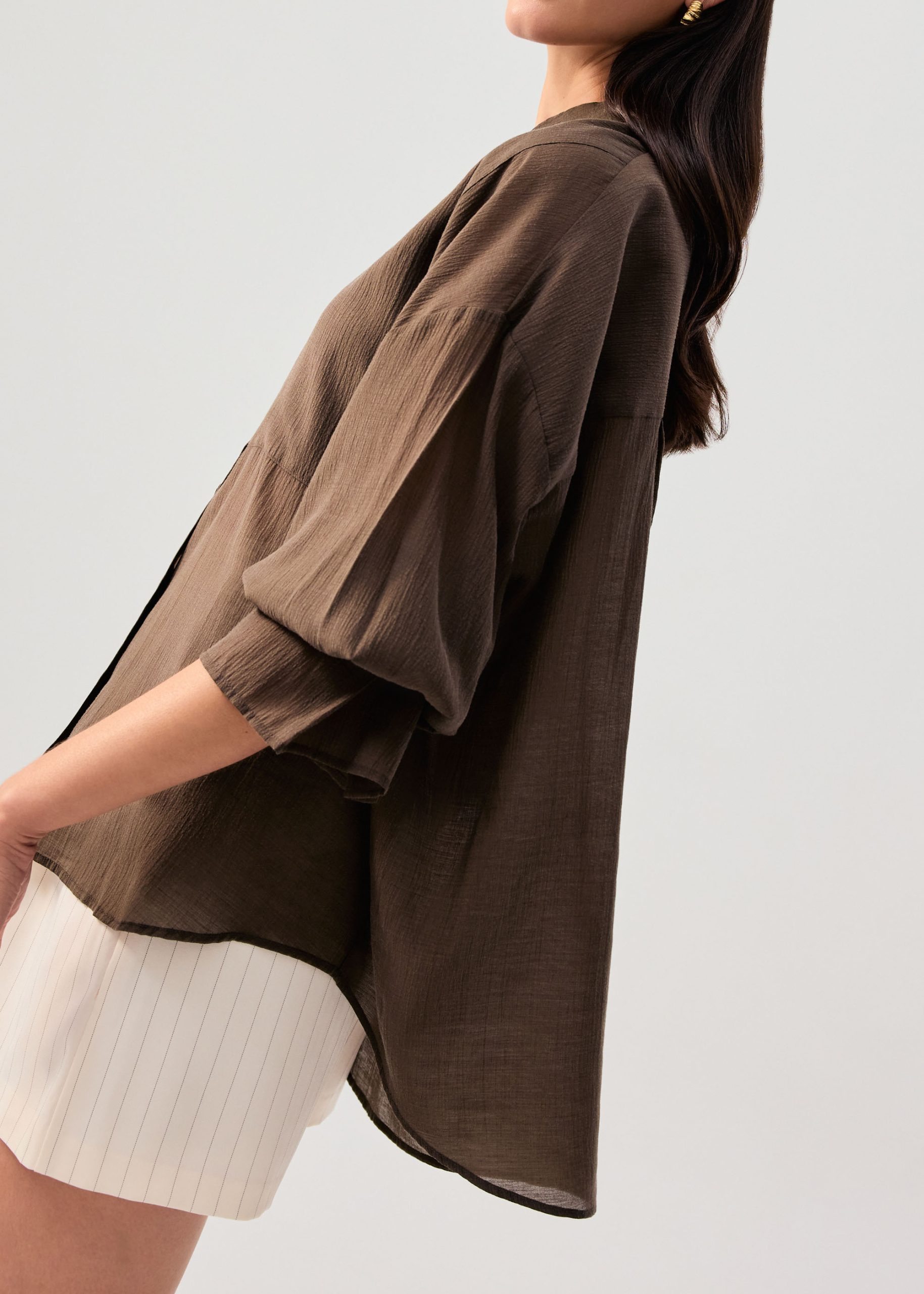 Oversized Sheer Lyocell Collared Poet Sleeve Blouse - Image 19