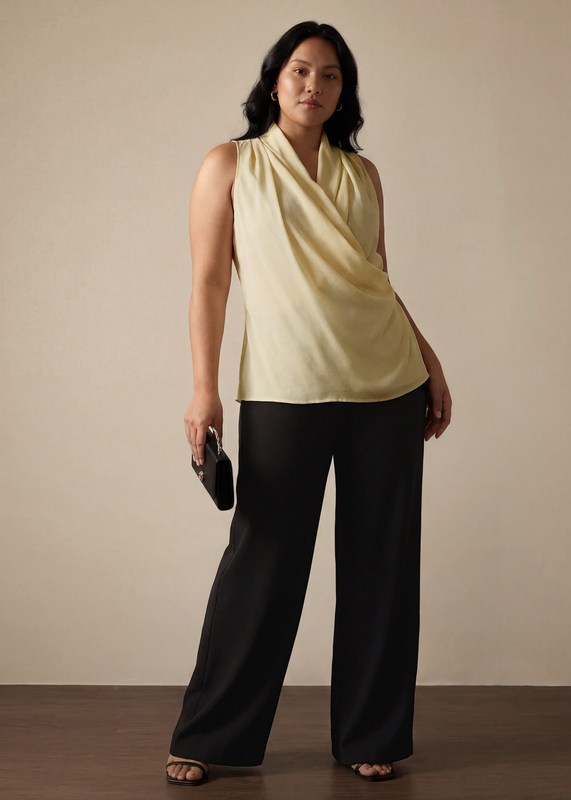 Krystal Crepe Satin Draped V-neck Top - Image 15