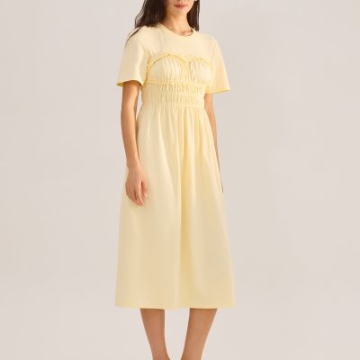 Jersey Ruched Bodice Round Neck Midi Dress