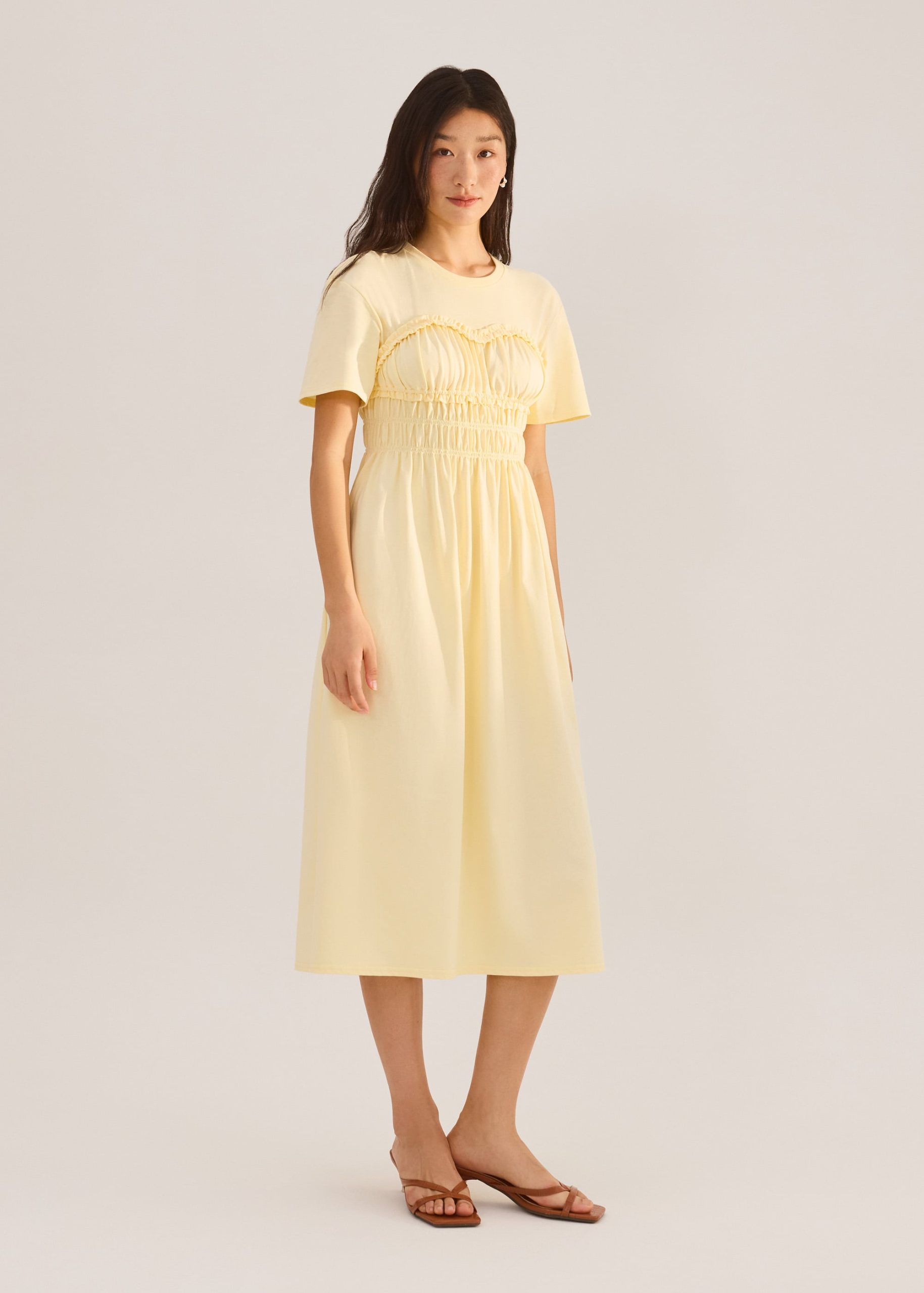 Jersey Ruched Bodice Round Neck Midi Dress