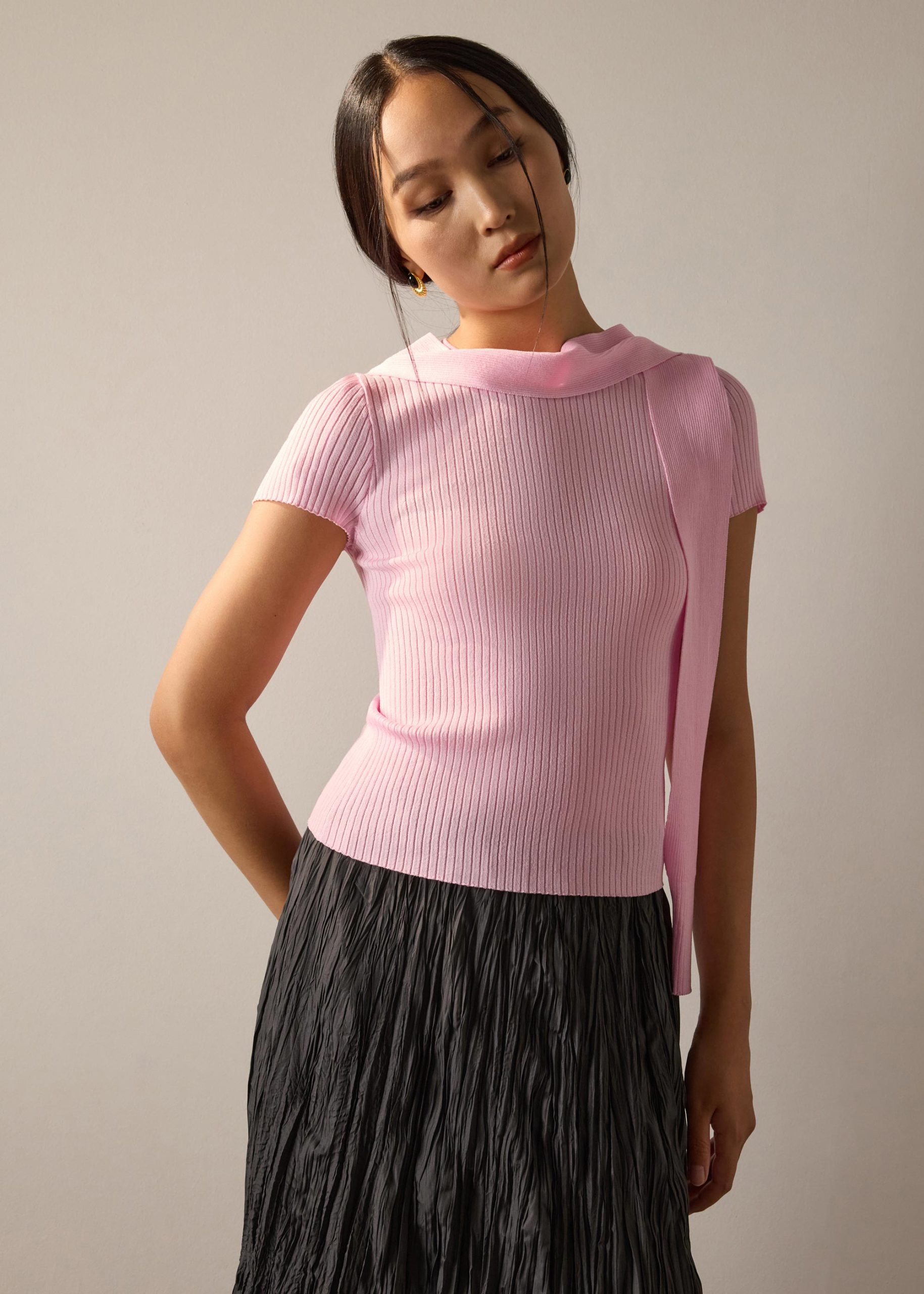 Knit Tie Collar Round Neck Top - Image 18