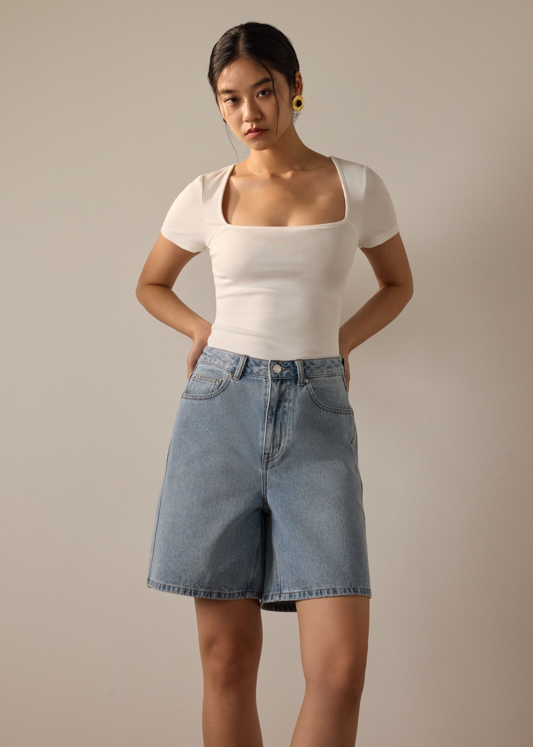 Megan Denim Mid Waist Bermuda Shorts - Image 12