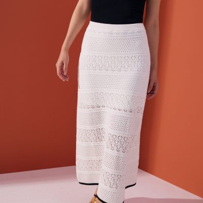 Pointelle Contrast Knit High Waist Column Midaxi Skirt