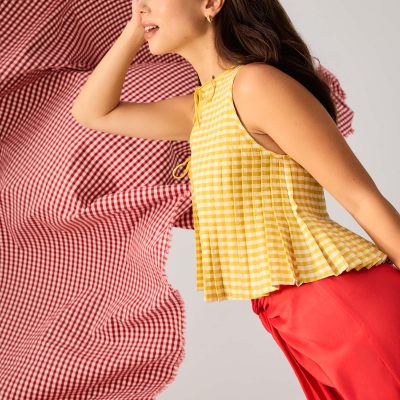 Gingham Cotton Pleated Front Tie Round Neck Babydoll Top