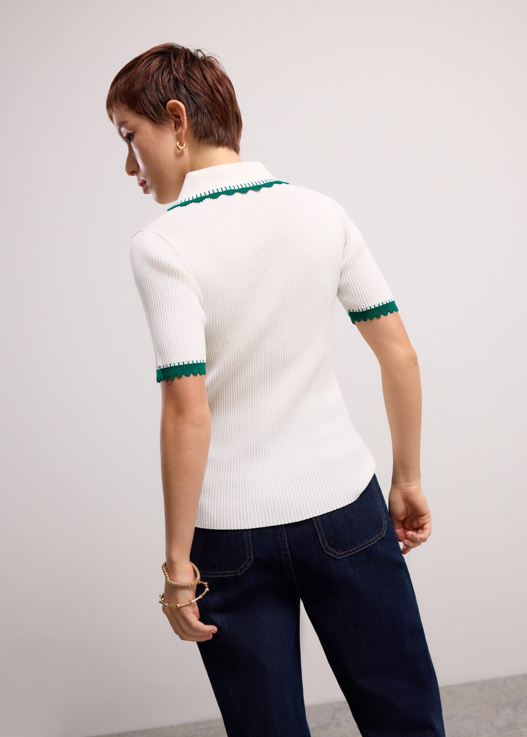 Contrast Trim Pointelle Knit Peter Pan Collar Top - Image 13