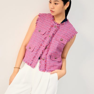 Oversized Tweed Frayed Hem Round Neck Vest