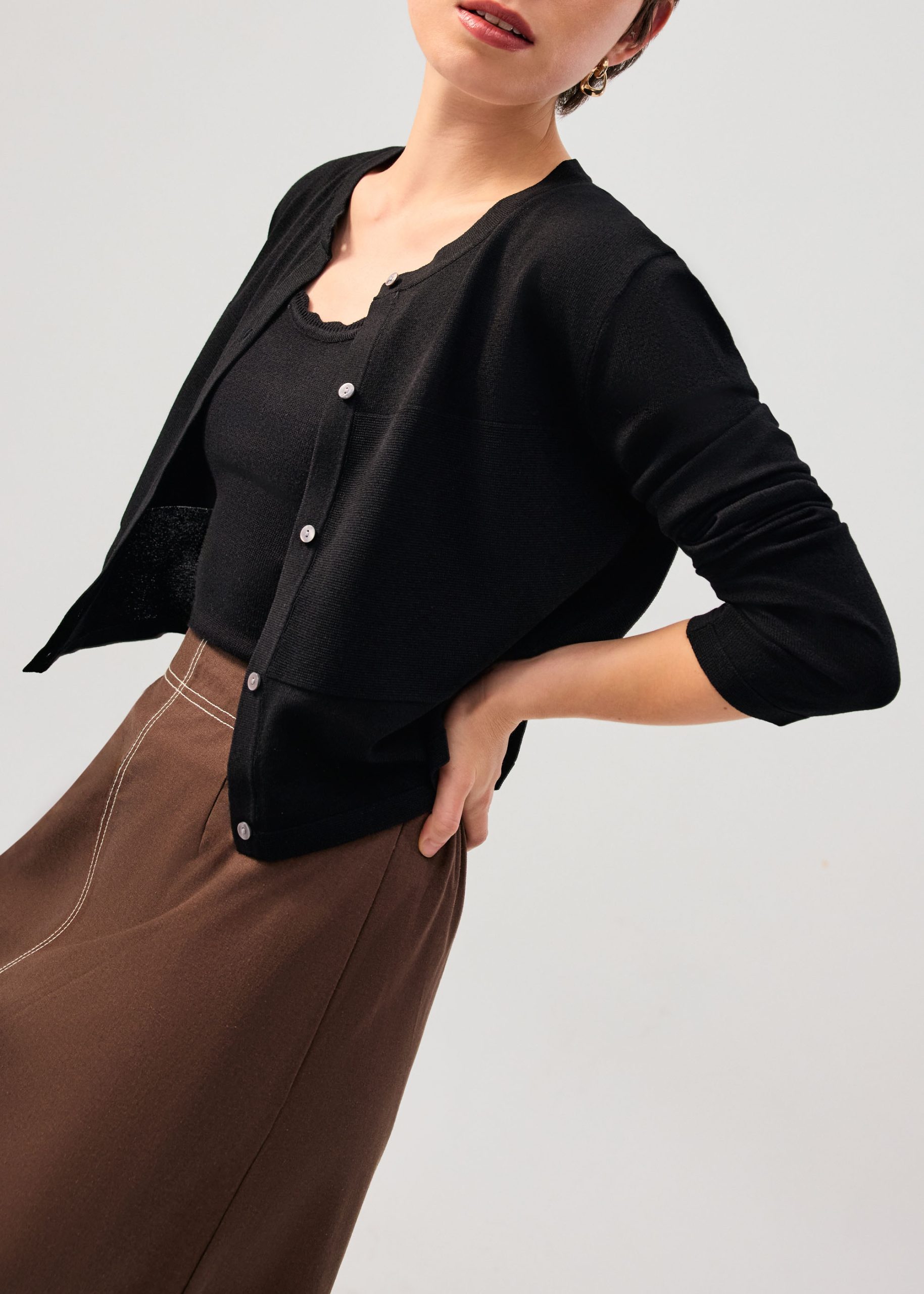 Sheer Knit Front Panel Round Neck Cardigan - Image 4