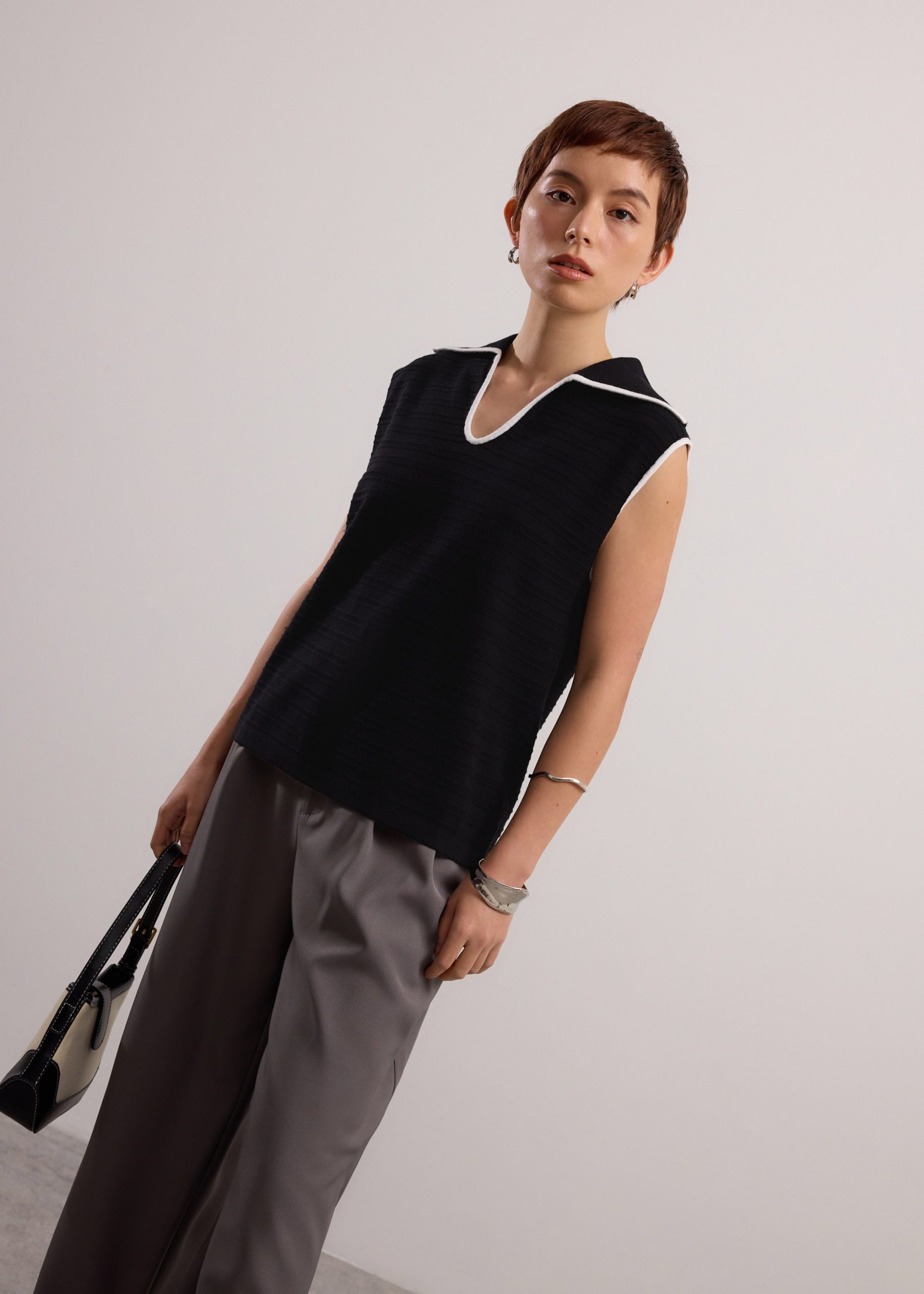 Relaxed Contrast Pointelle Collared Top - Image 5