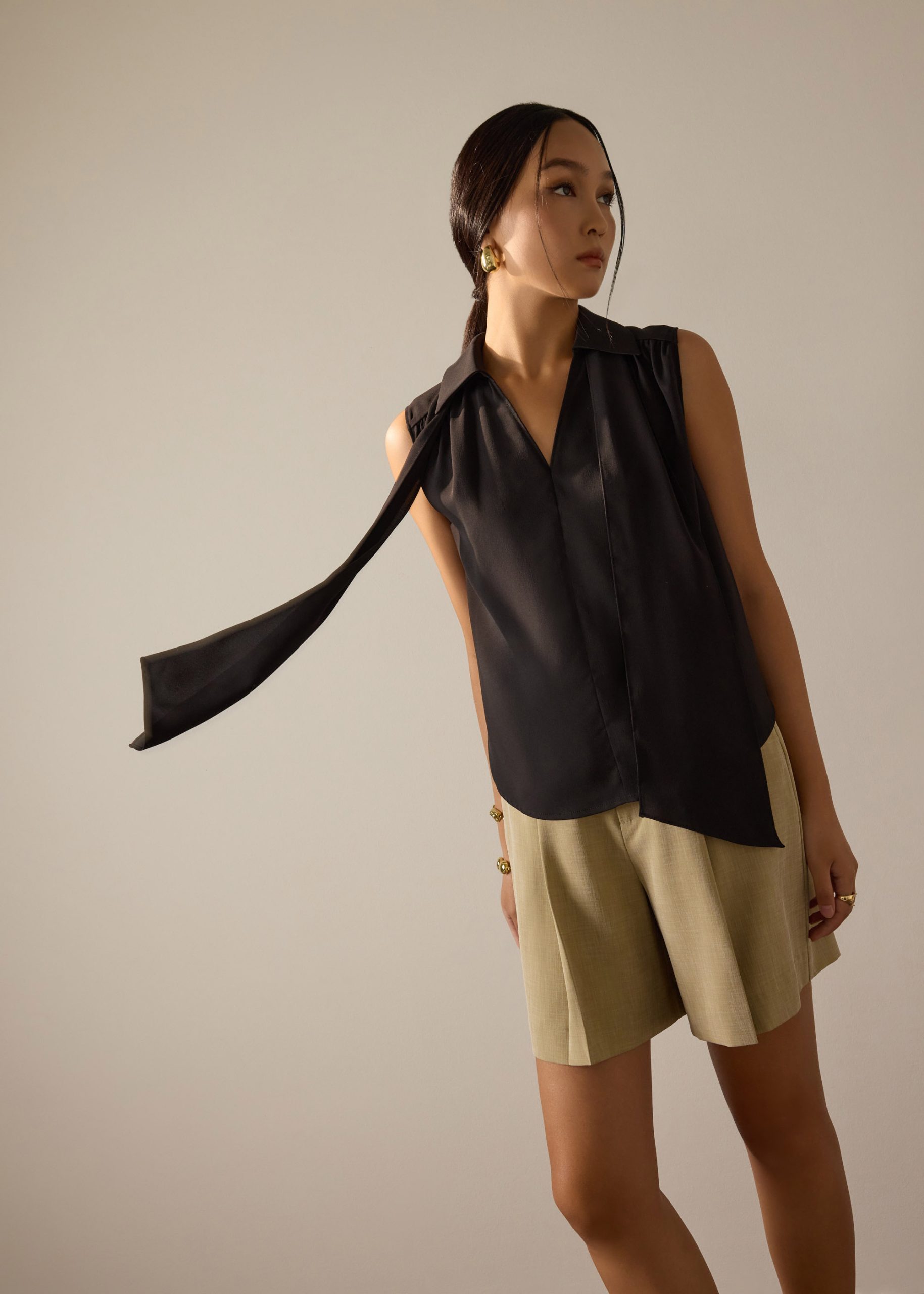 Ariska Detachable Sash Crepe Satin Collared Blouse - Image 5
