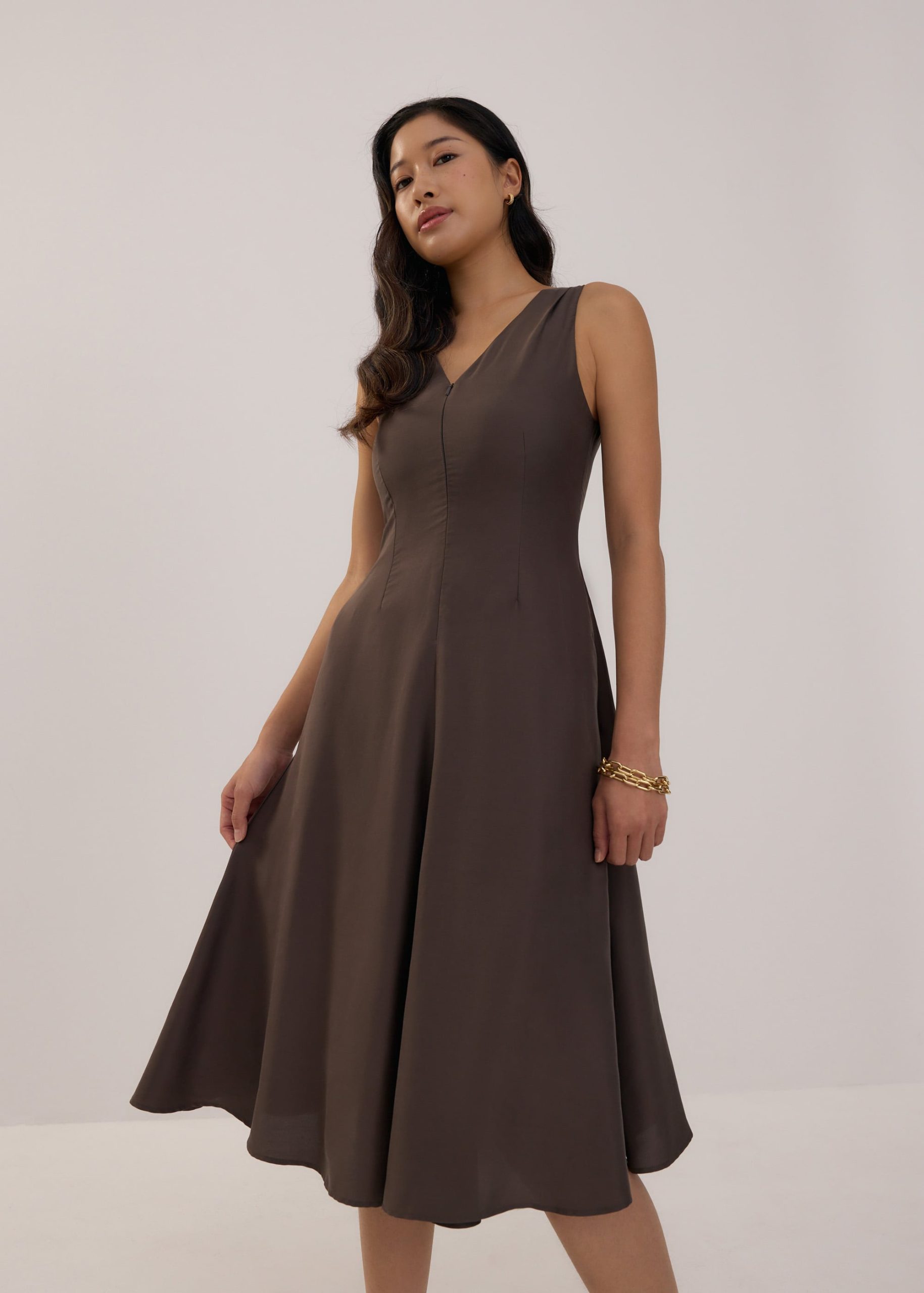 Tencel V-neck Fit & Flare Midi Dress