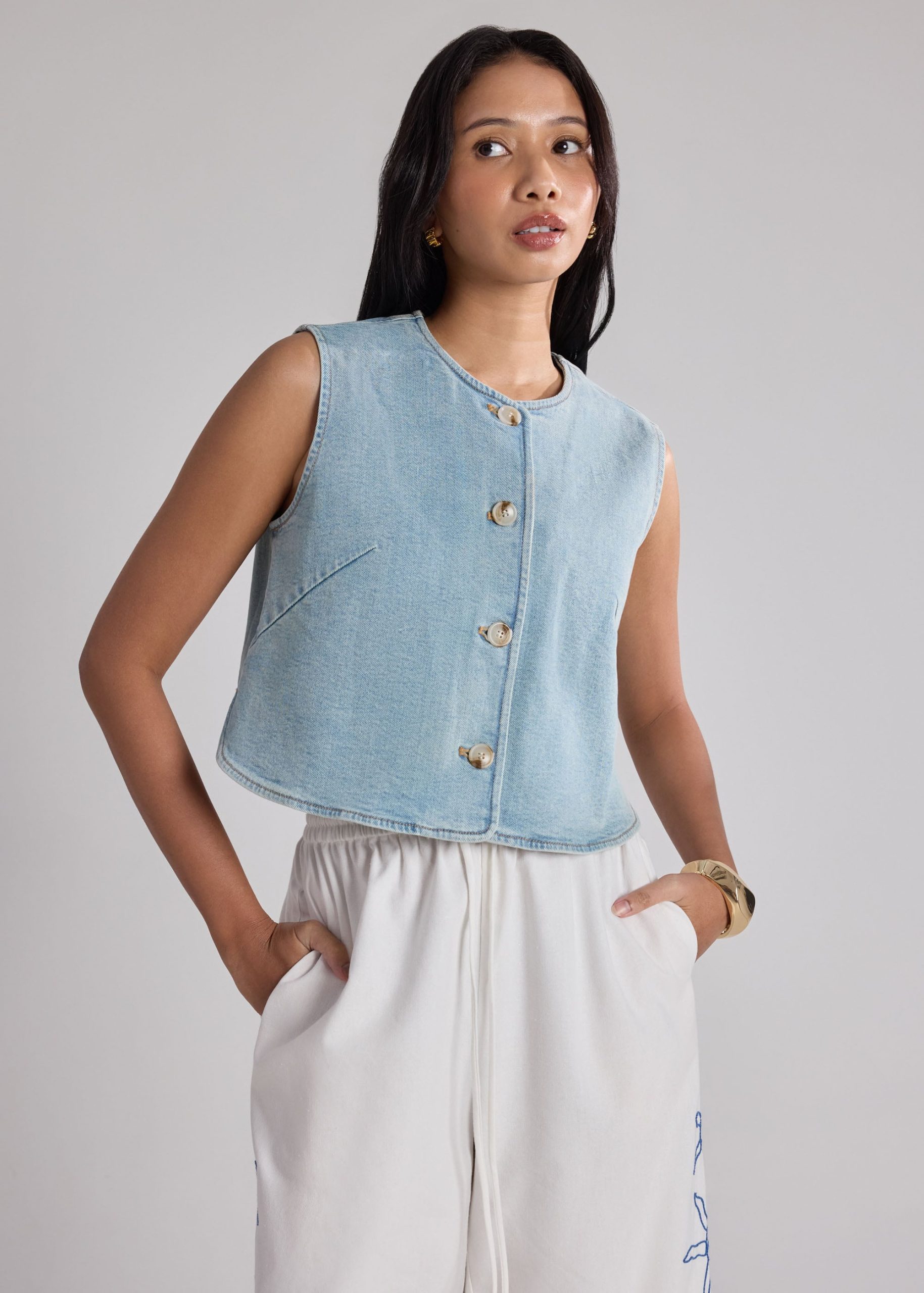 Relaxed Denim Round Neck Button Down Vest Top