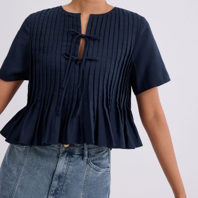 Oxford Pintuck Notched Peplum Top