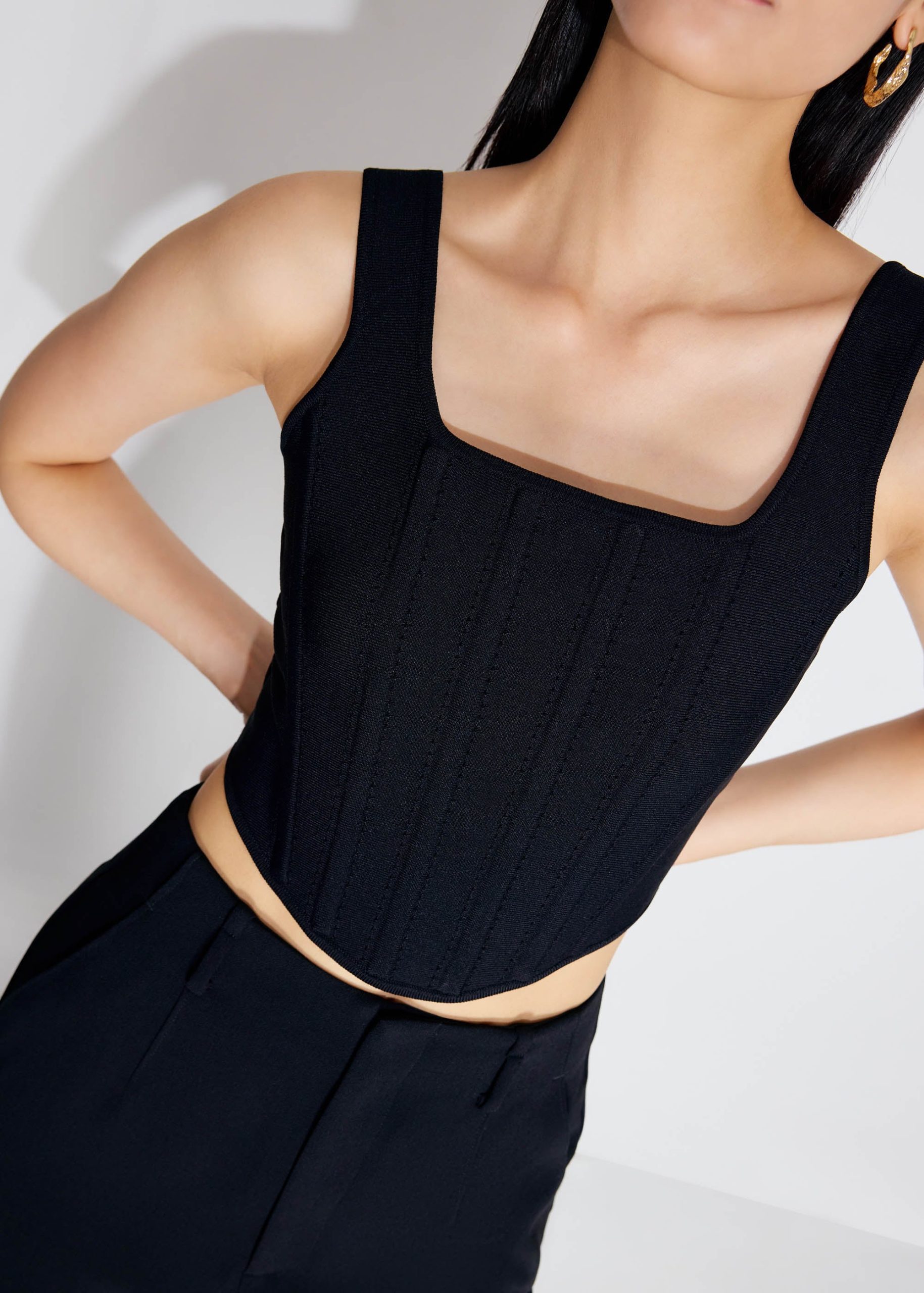 Knit Square Neck Fitted Crop Bustier Top - Image 2
