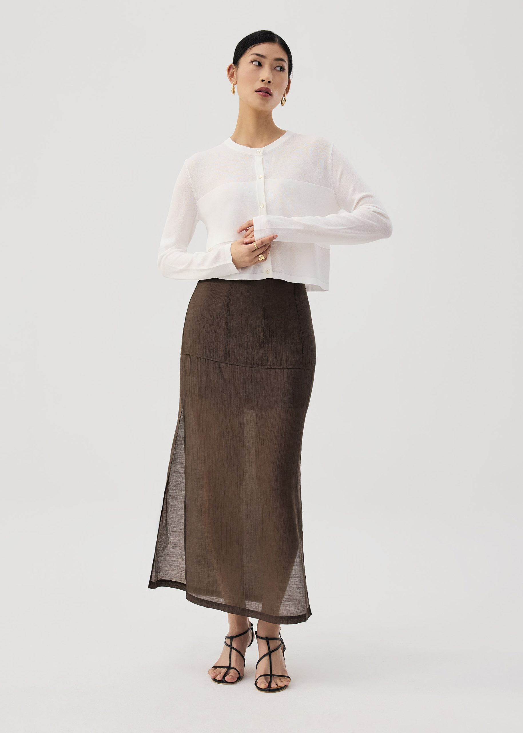 Sheer Knit Front Panel Round Neck Cardigan - Image 8