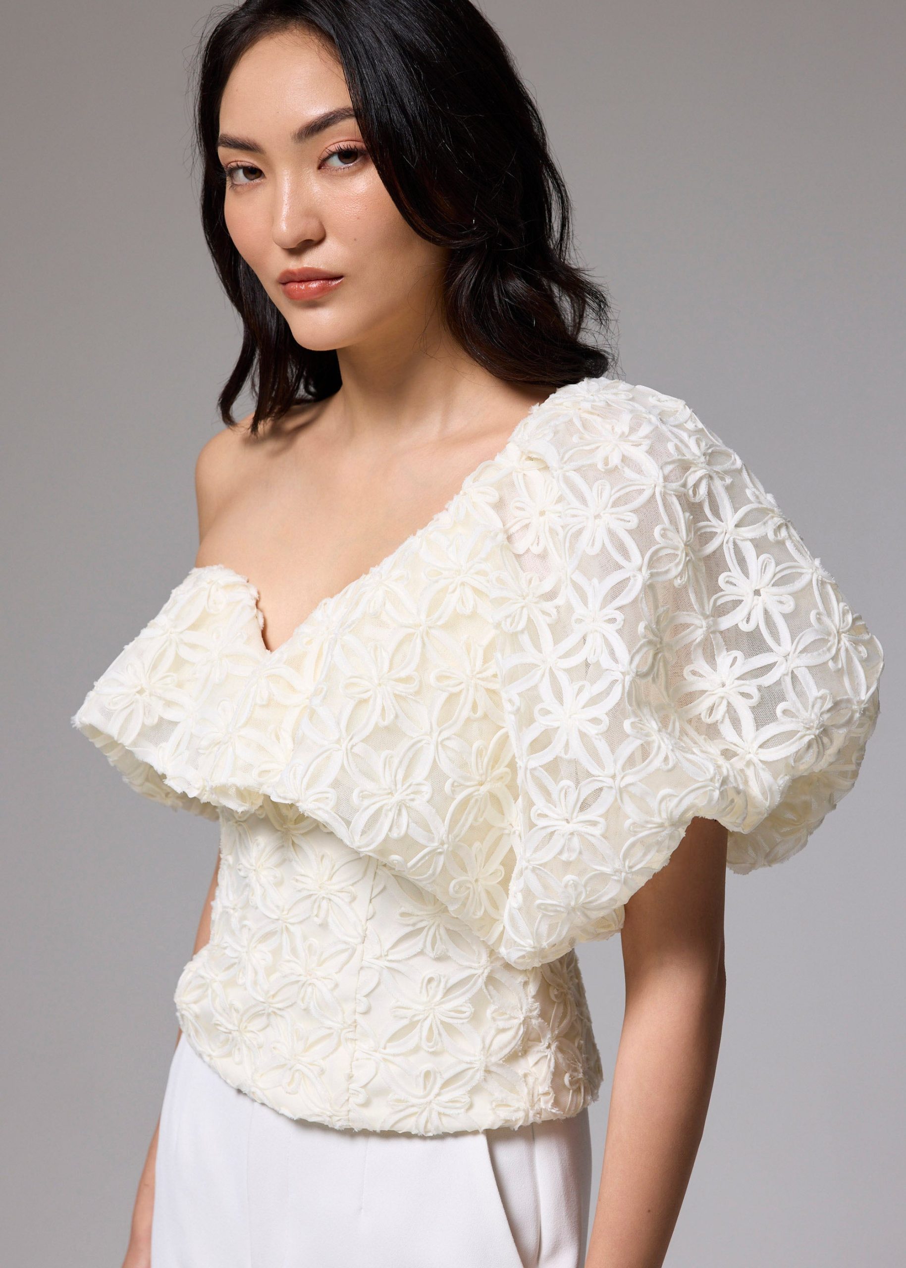 BraFree by LB Lace Asymmetric Puff Sleeve Top - Image 8