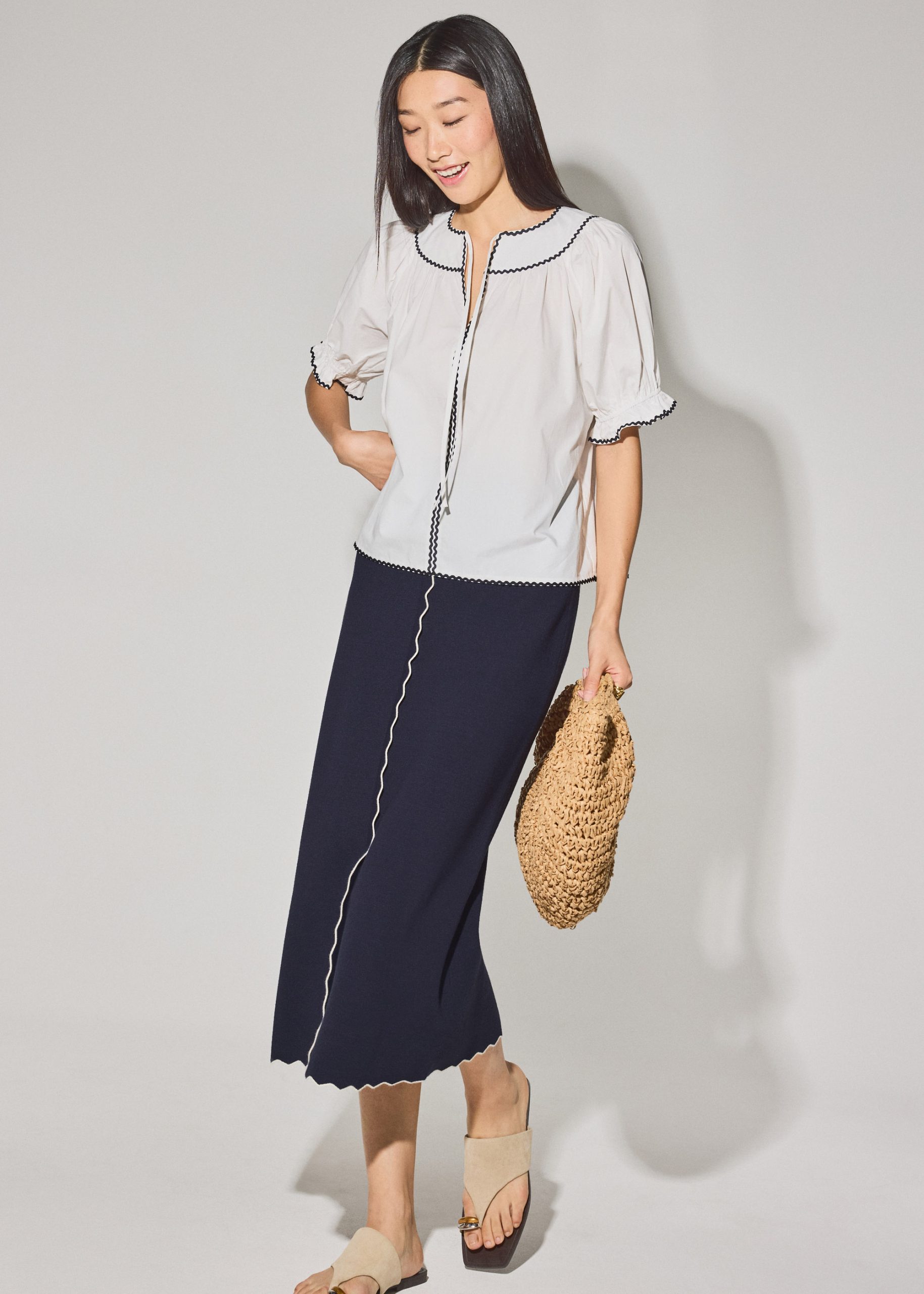 Relaxed Cotton Scallop Trim Puff Sleeve Blouse - Image 9