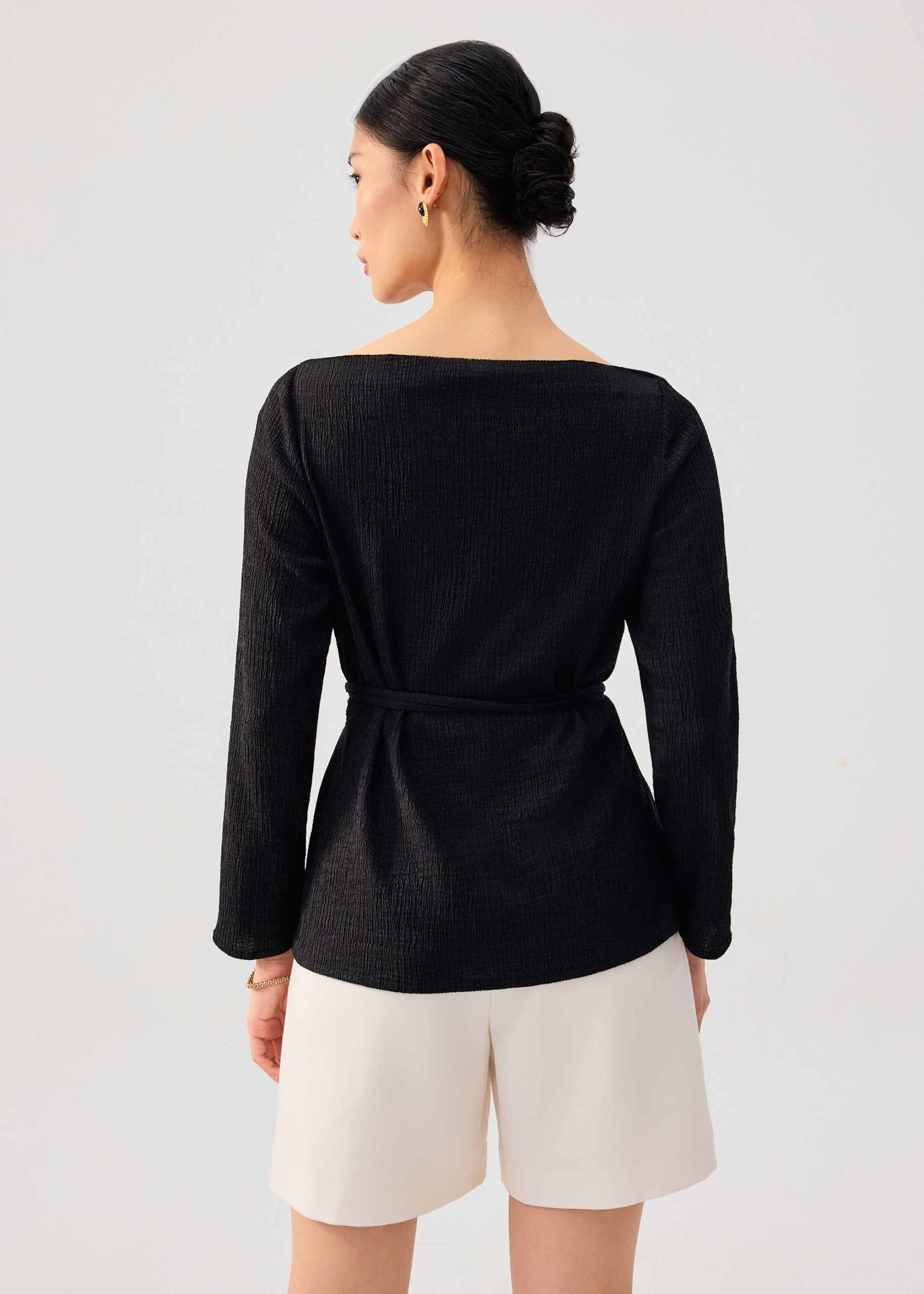Sash Tie Crinkled Boat Neck Top - Image 5