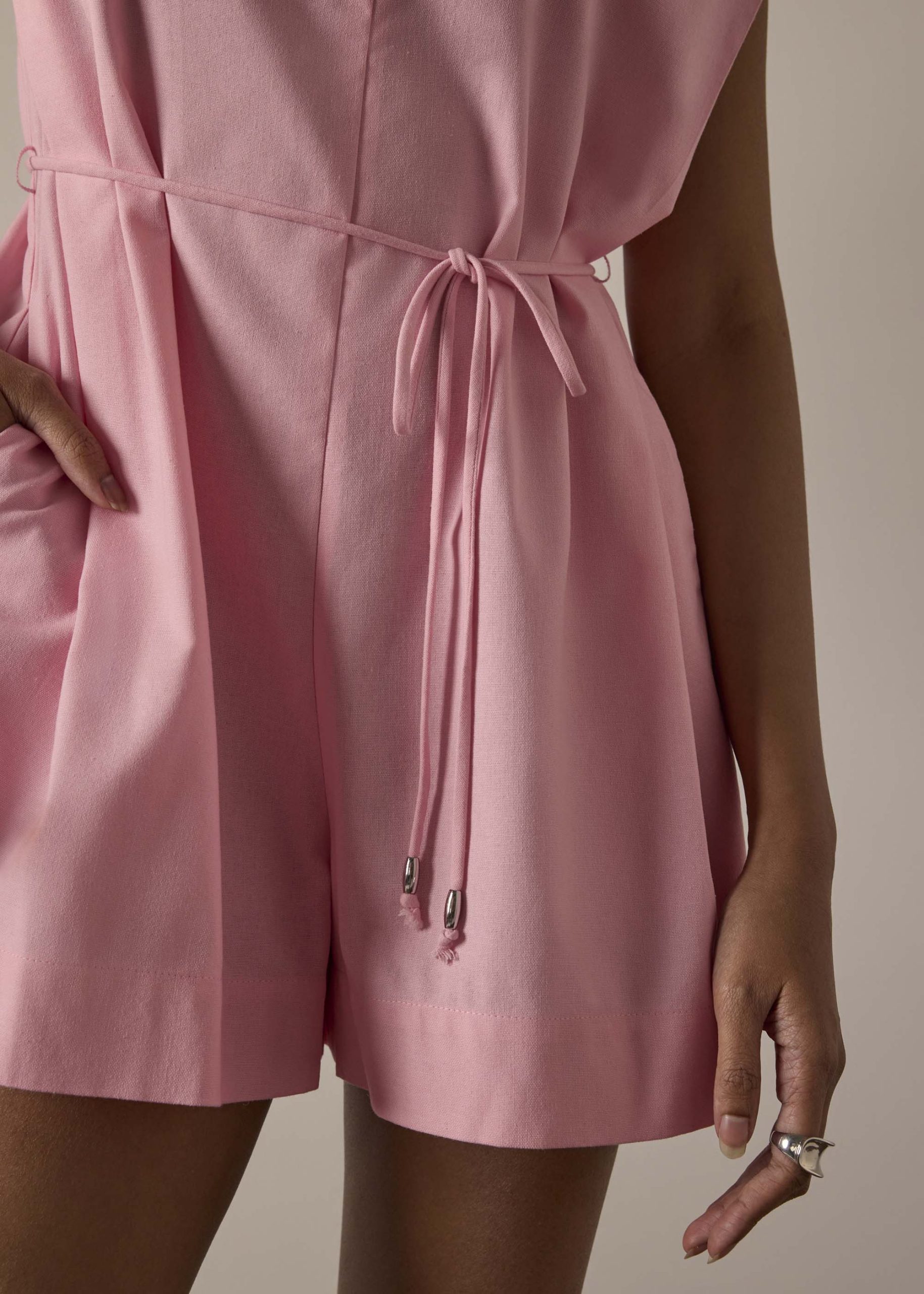 Linen A-Line Romper With Belt - Image 9