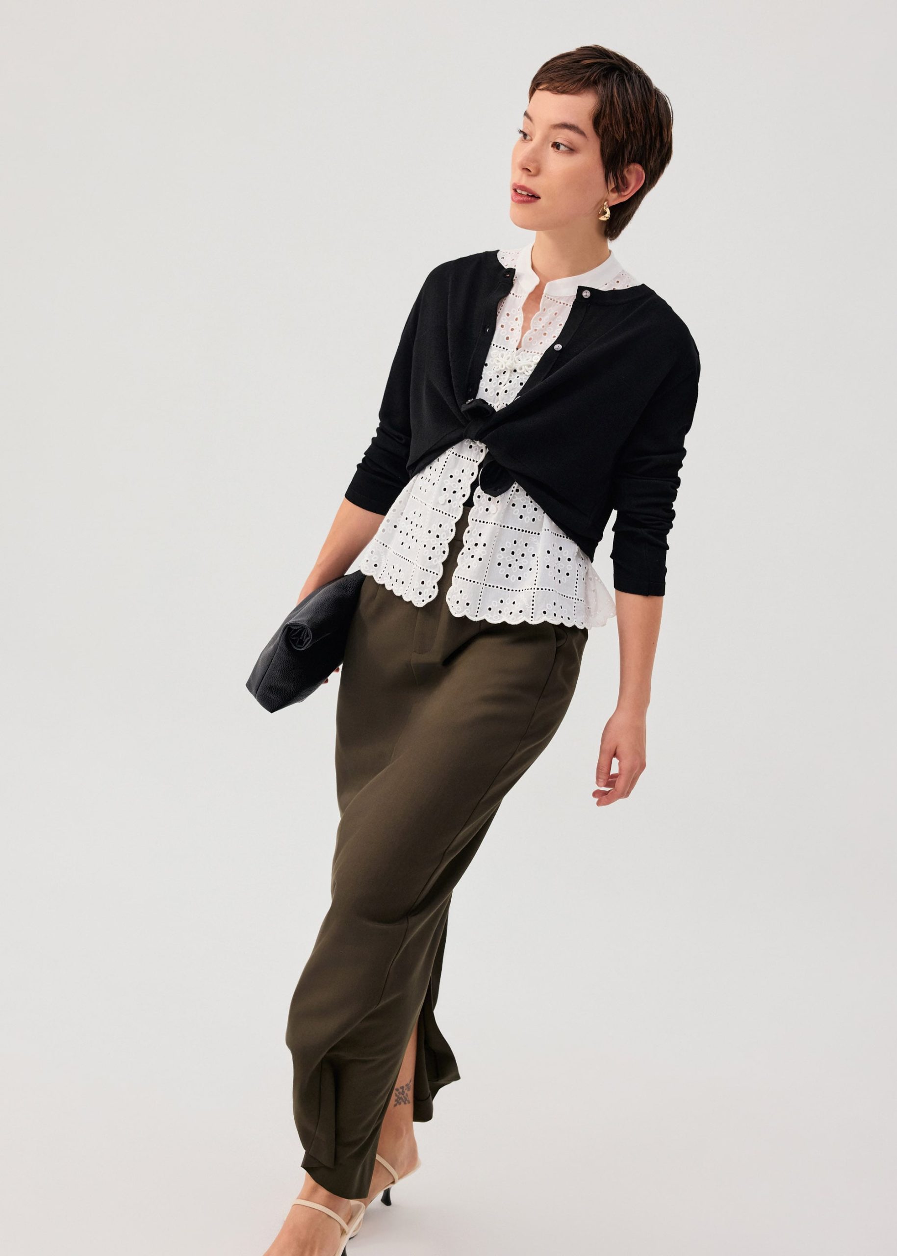 Sheer Knit Front Panel Round Neck Cardigan