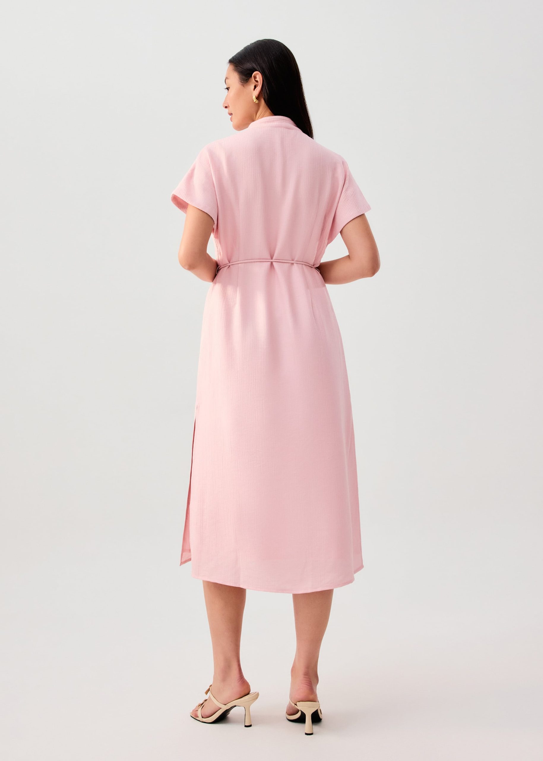Detachable Sash Tie Crinkled Mandarin Collar Column Midi Dress - Image 9
