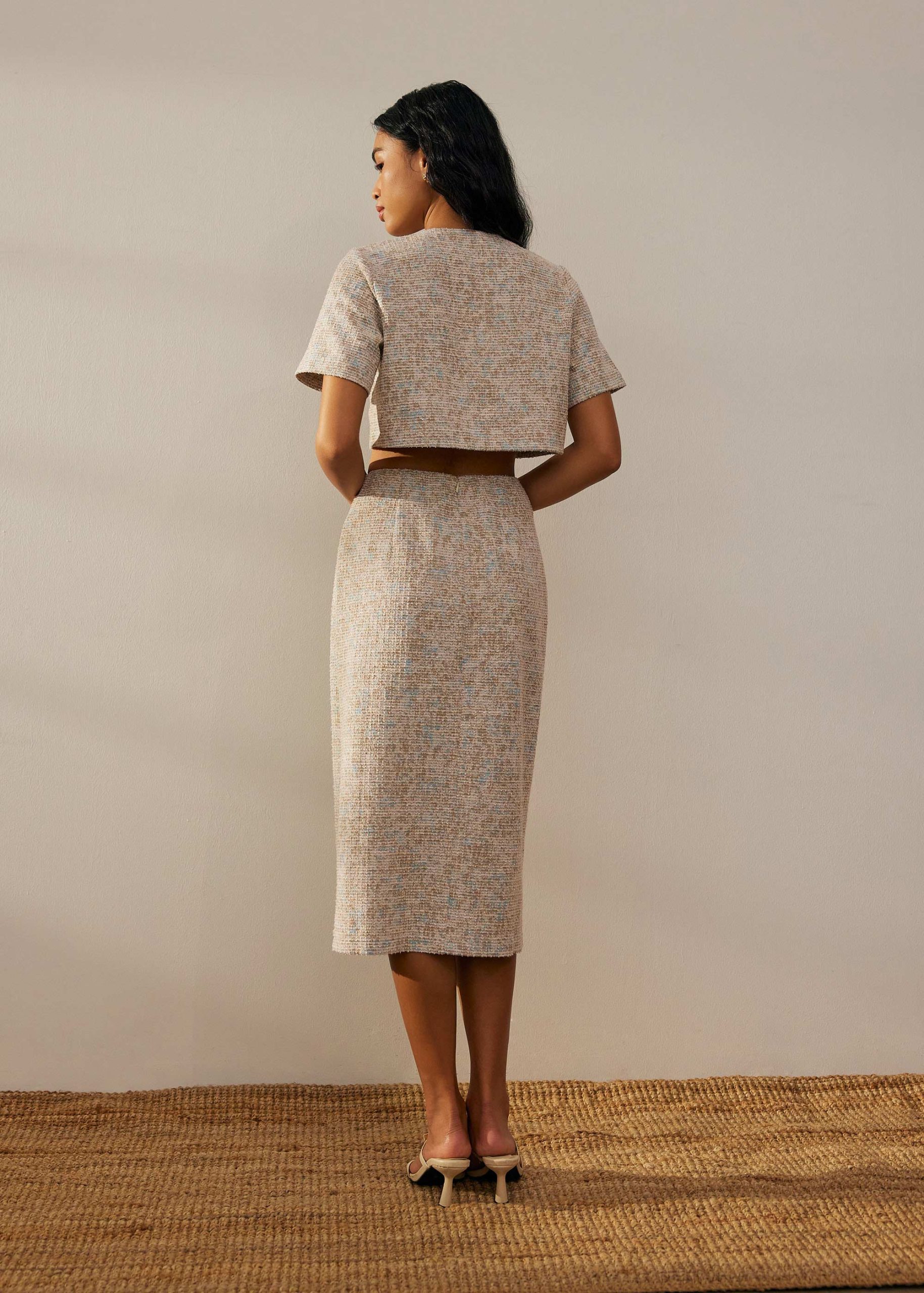 High Waist Tweed Column Midi Skirt - Image 10