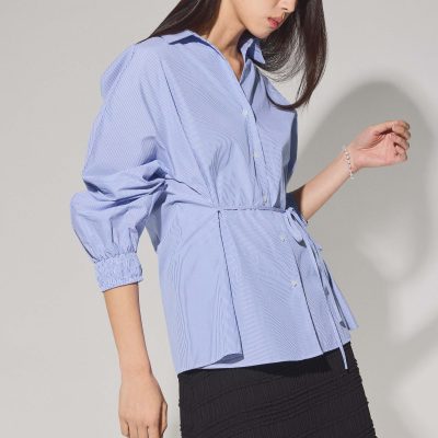 Striped Cotton Collared Puff Sleeve Button Down Top