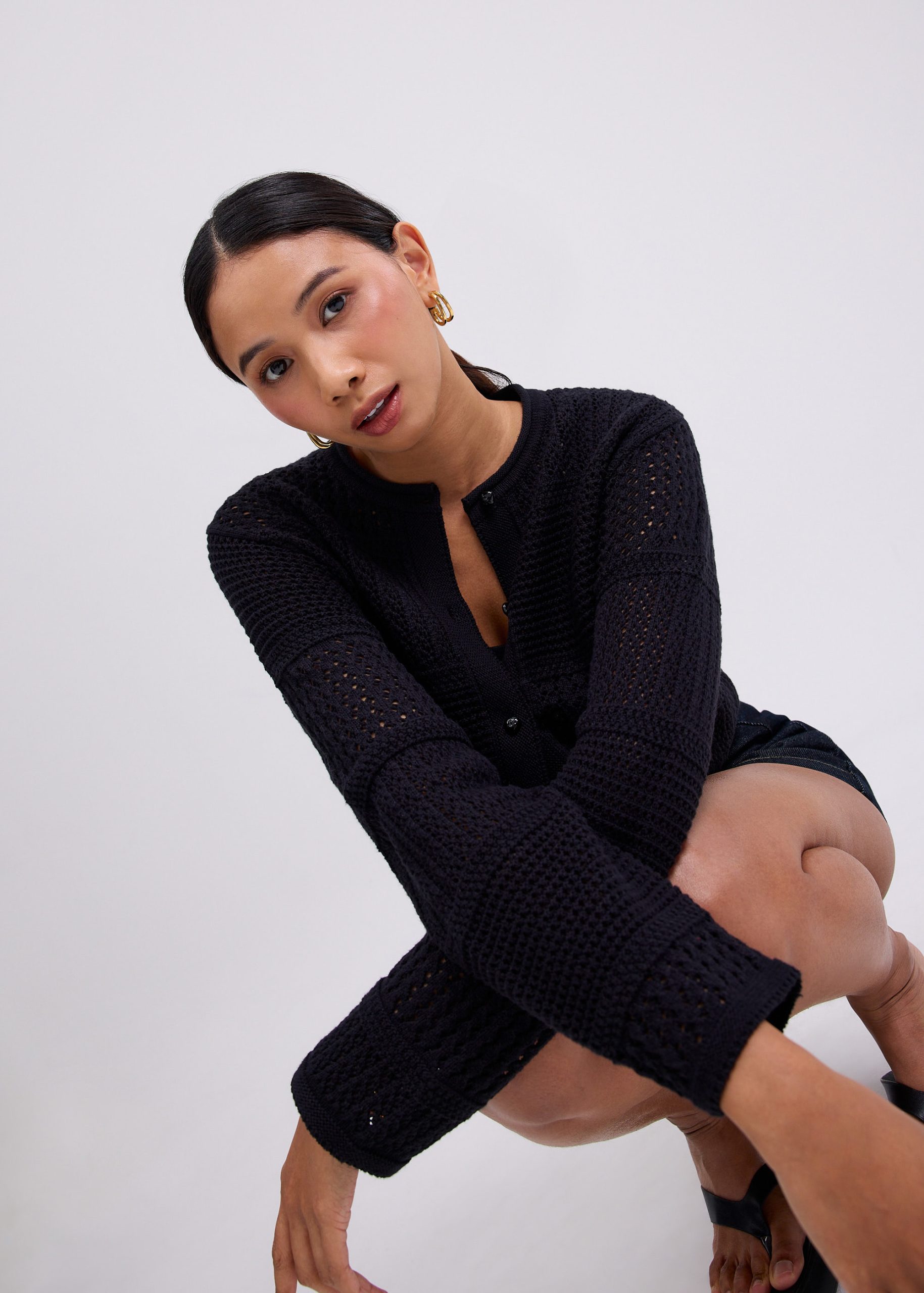 Relaxed Pointelle Knit Round Neck Cardigan - Image 2