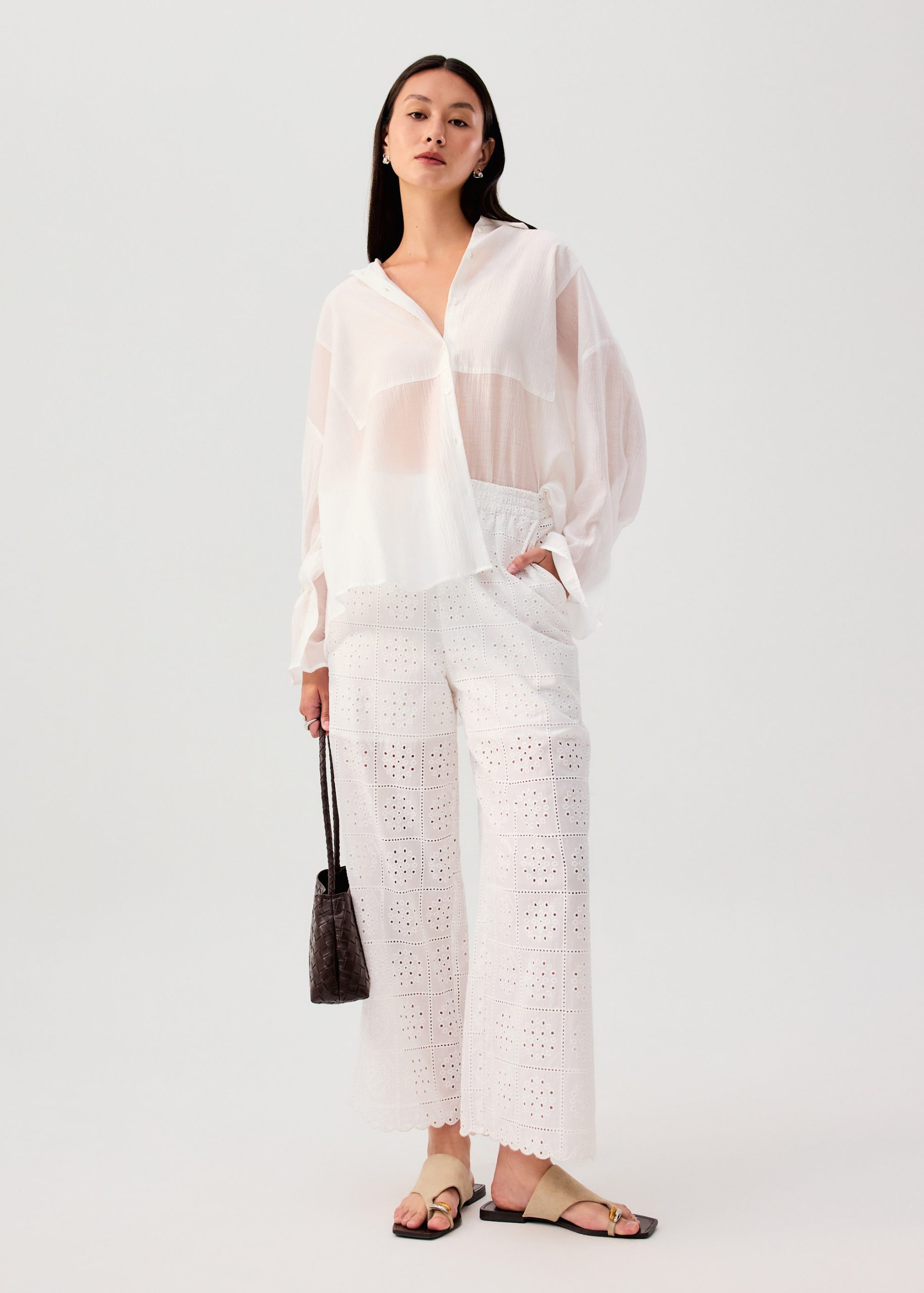 Oversized Sheer Lyocell Collared Poet Sleeve Blouse - Image 3