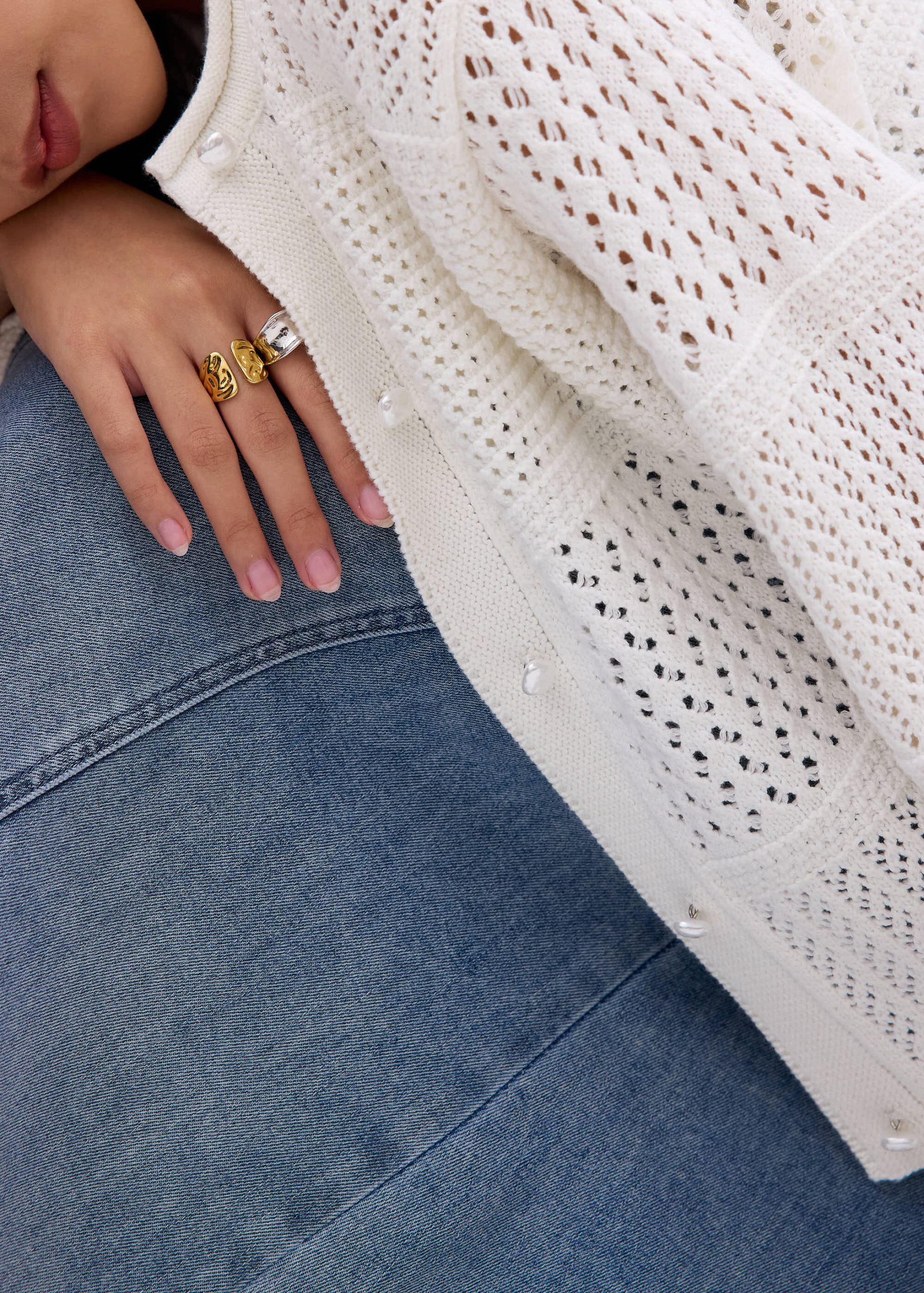 Relaxed Pointelle Knit Round Neck Cardigan - Image 9