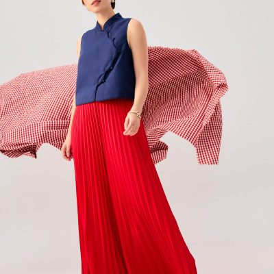 PETITE Leggy??Wei Elastic Sunray Pleated Palazzo Pants