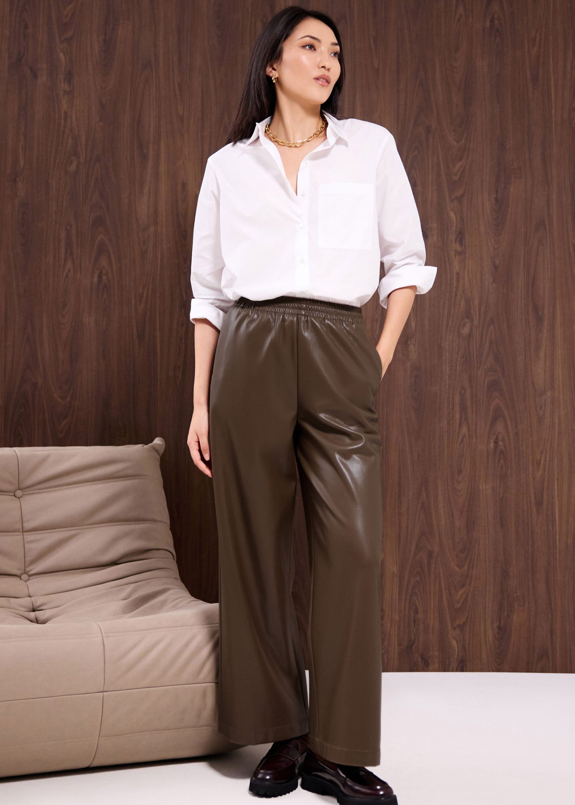Leggy??Elastic High Waist Vegan Leather Wide Leg Pants - Image 2