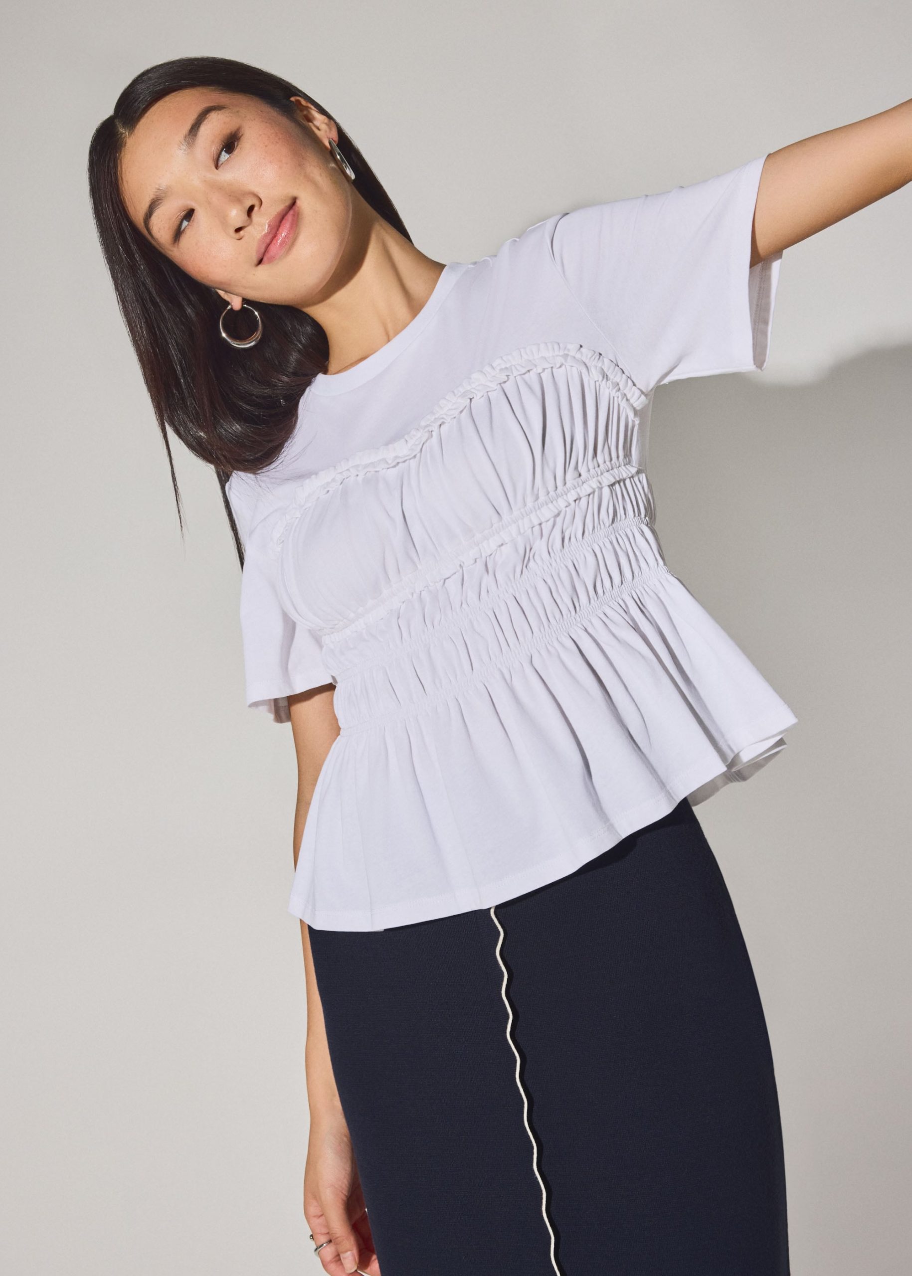 Jersey Ruched Bodice Round Neck Peplum Top - Image 2