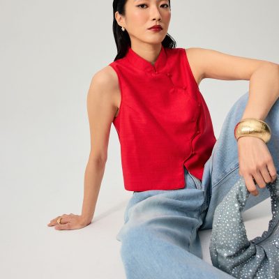 Scallop Edge Mandarin Collar Shell Top