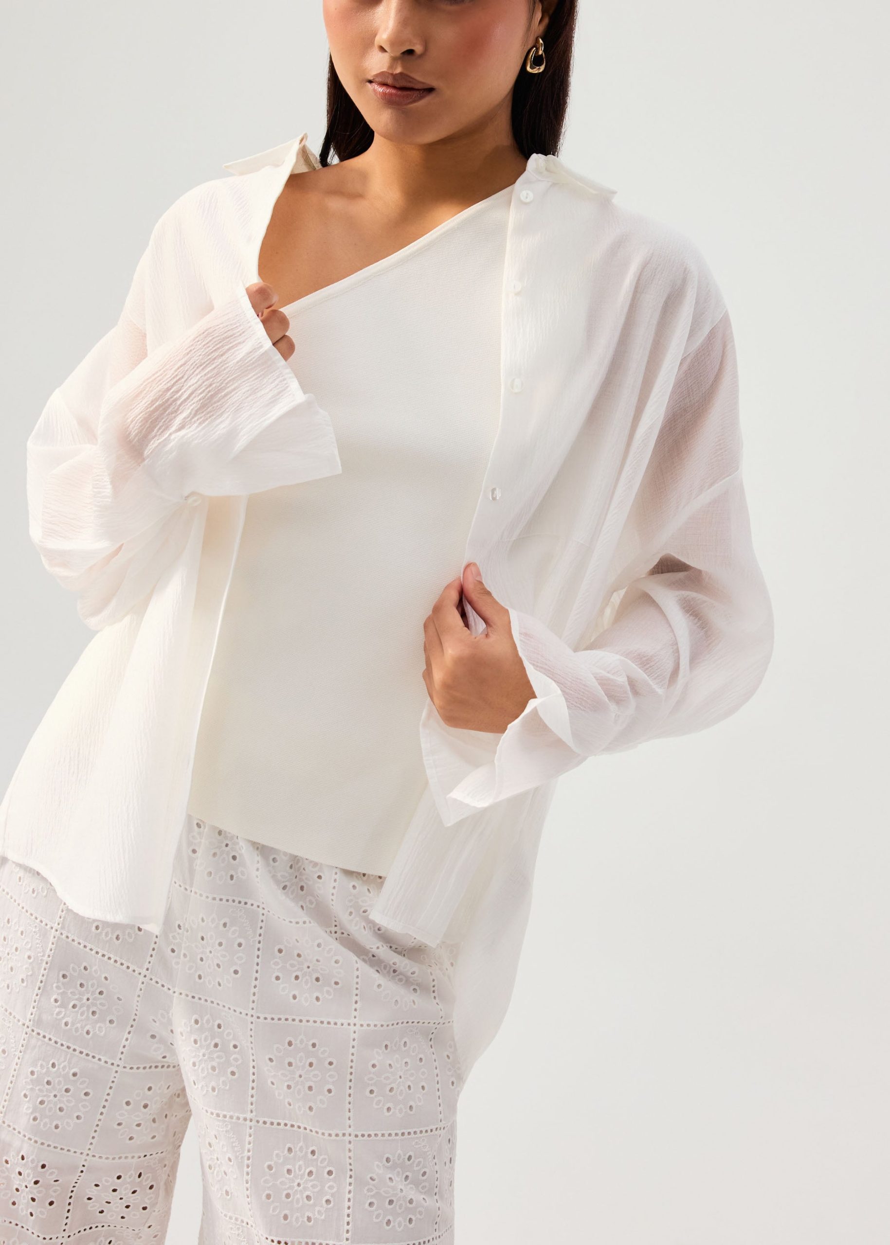 Oversized Sheer Lyocell Collared Poet Sleeve Blouse - Image 7