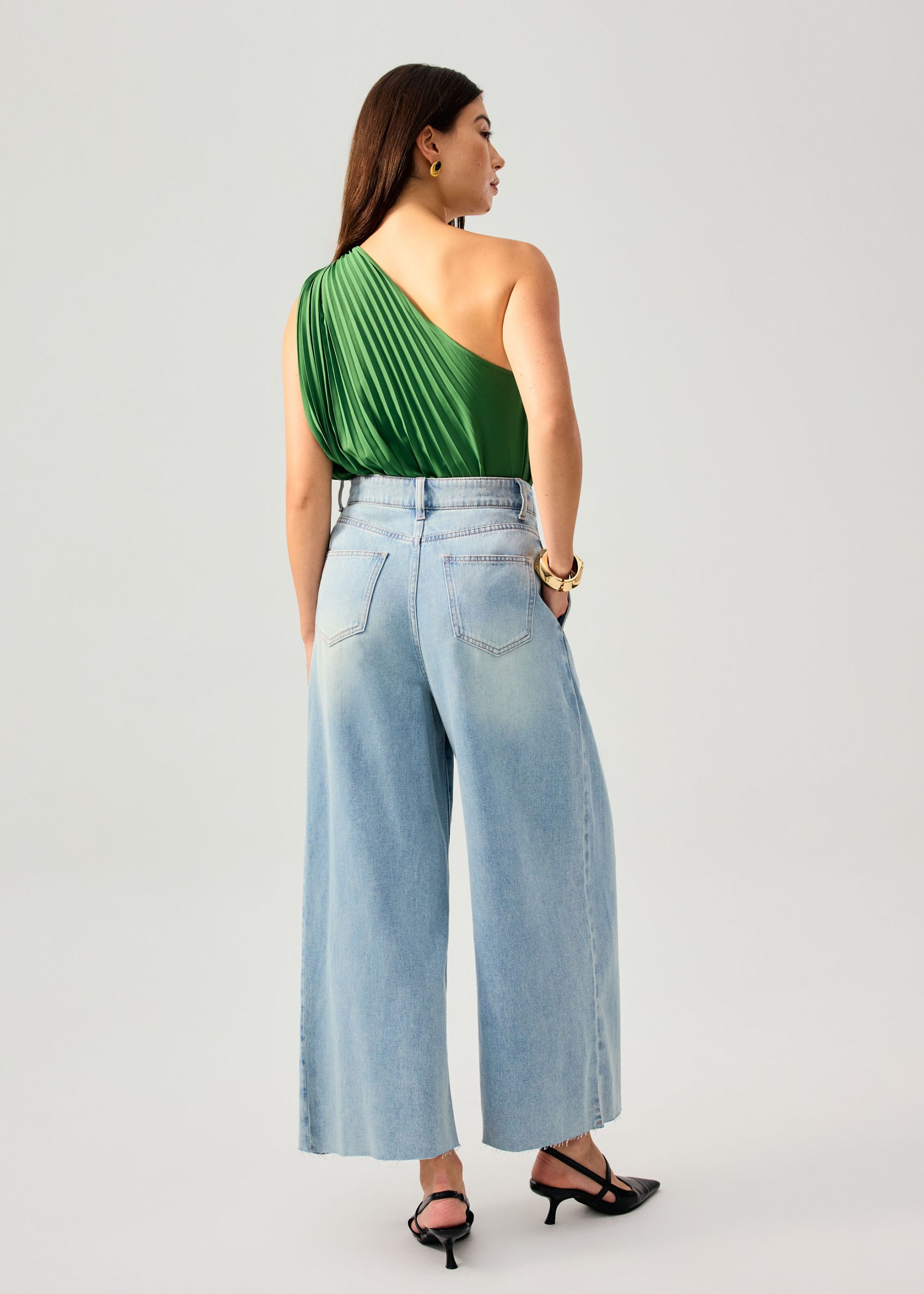 Denim Front Pleat Mid Waist Wide Leg Jeans - Image 8