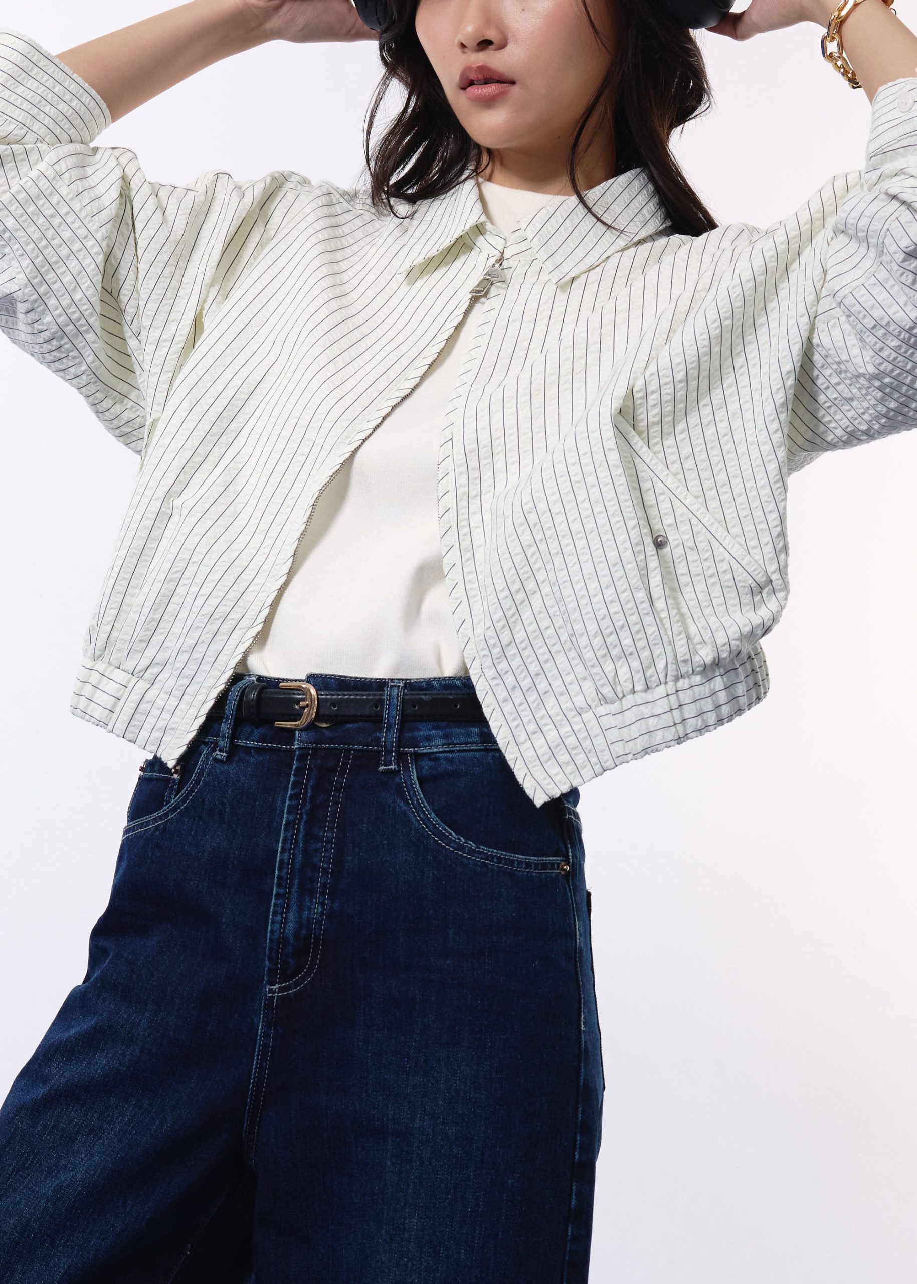 RuchedReady® Relaxed Pinstripe Seersucker Collared Crop Jacket