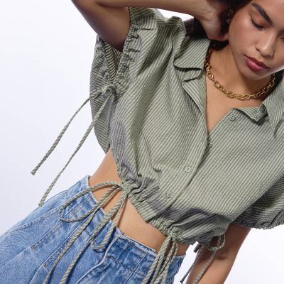 Relaxed Pinstripe Seersucker Collared Button Down Crop Shirt